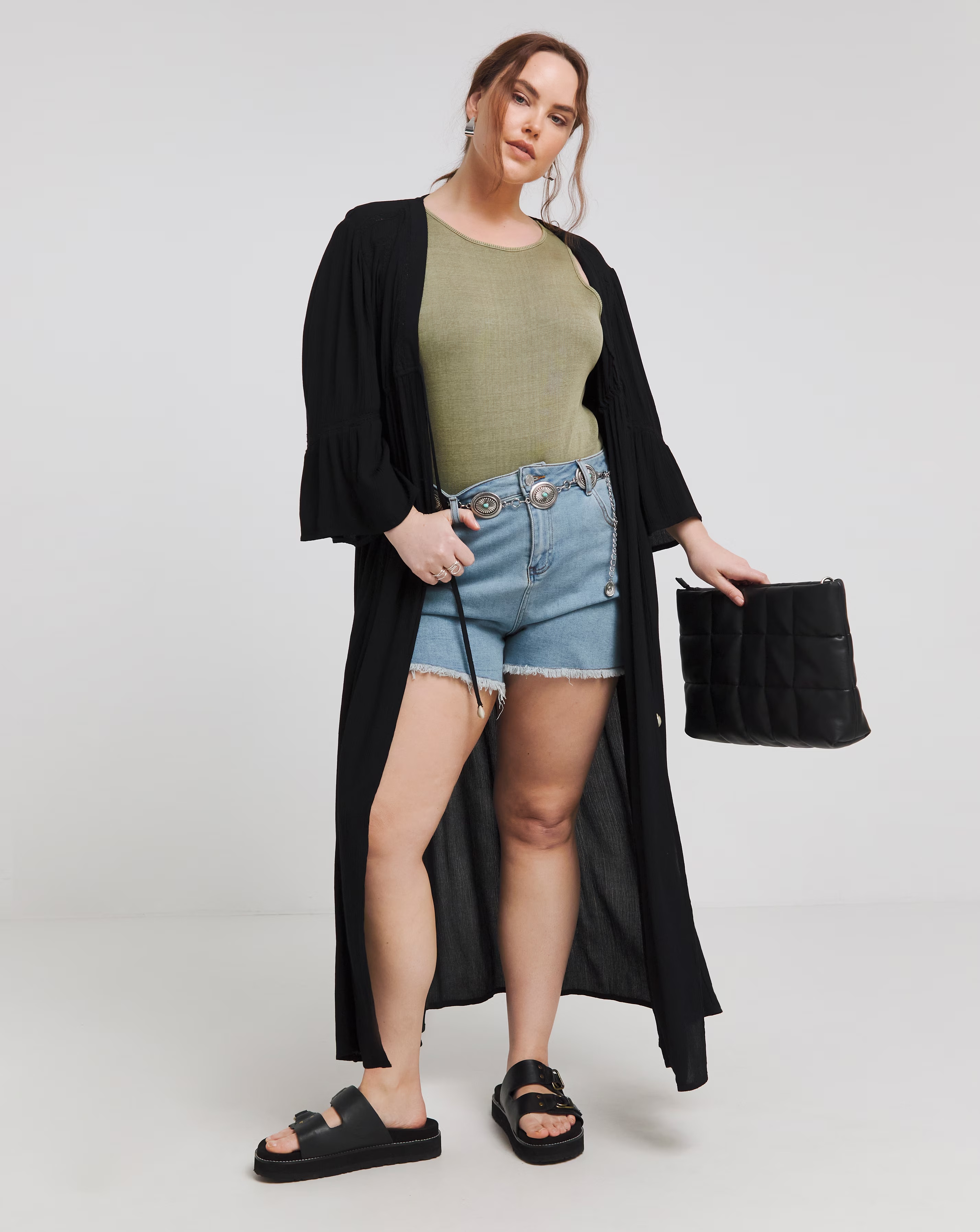 Black Embroidered Trim Longline Kimono With Shell Tie