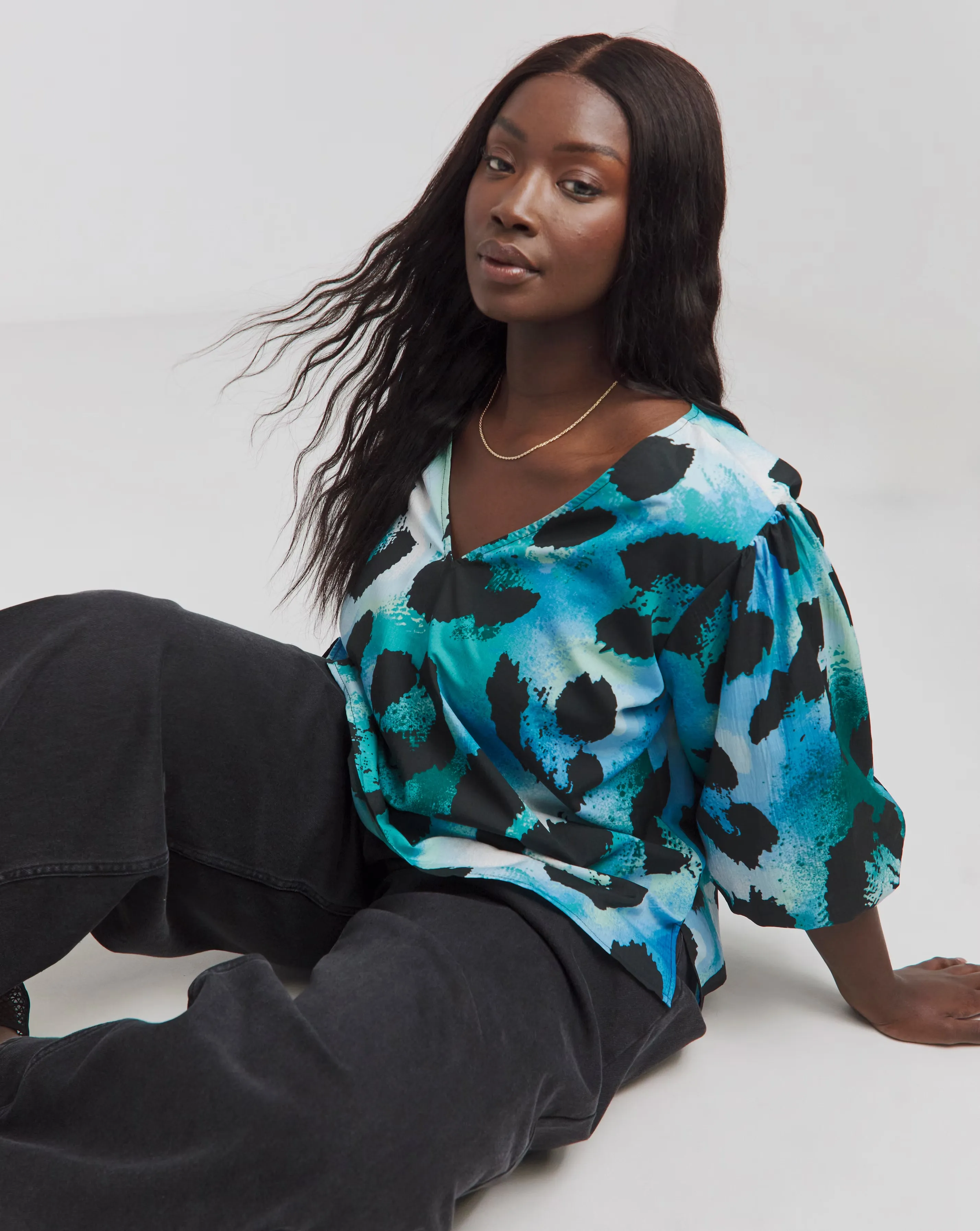 Blue Animal V Neck Puff Sleeve Blouse 1 170670-blue-animal-v-neck-puff-sleeve-blouse-1.webp
