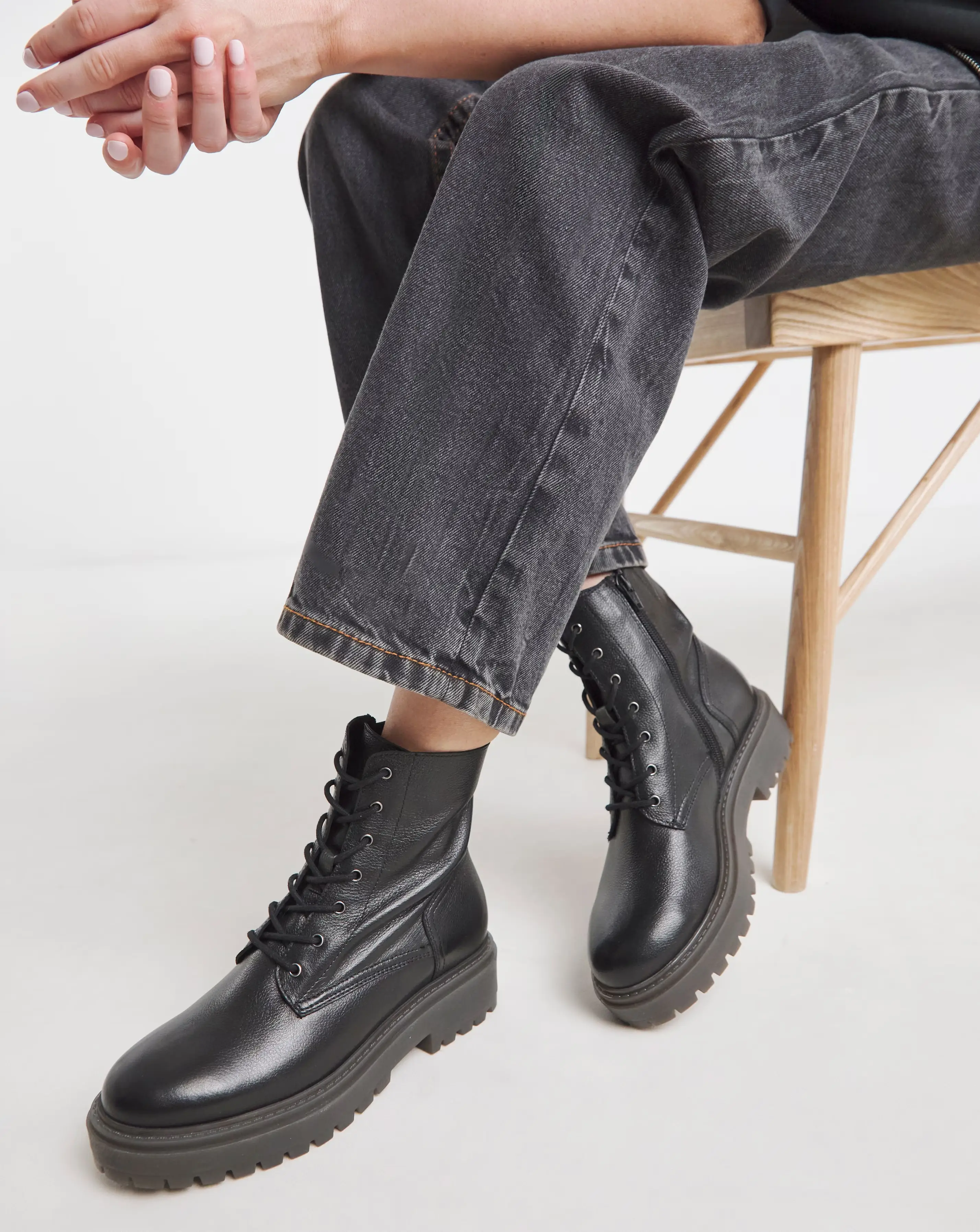 Serena Leather Chunky Lace Up Boots Wide E Fit