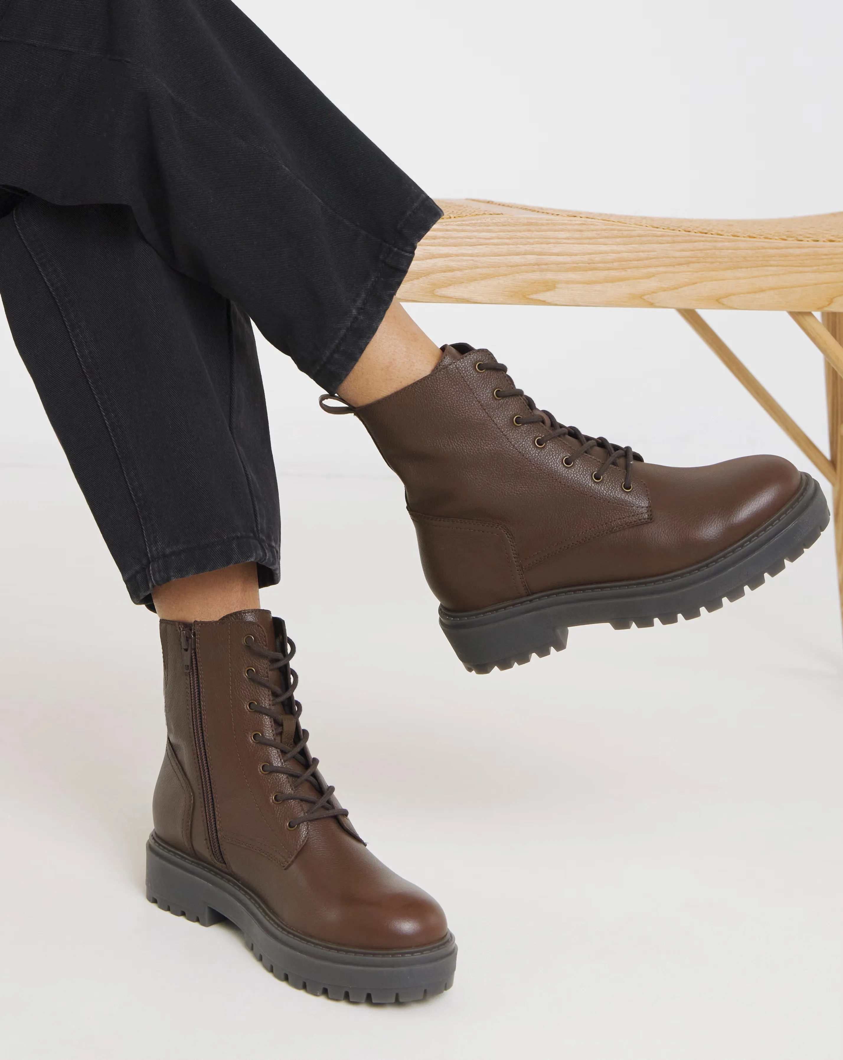 Serena Leather Chunky Lace Up Boots Wide E Fit