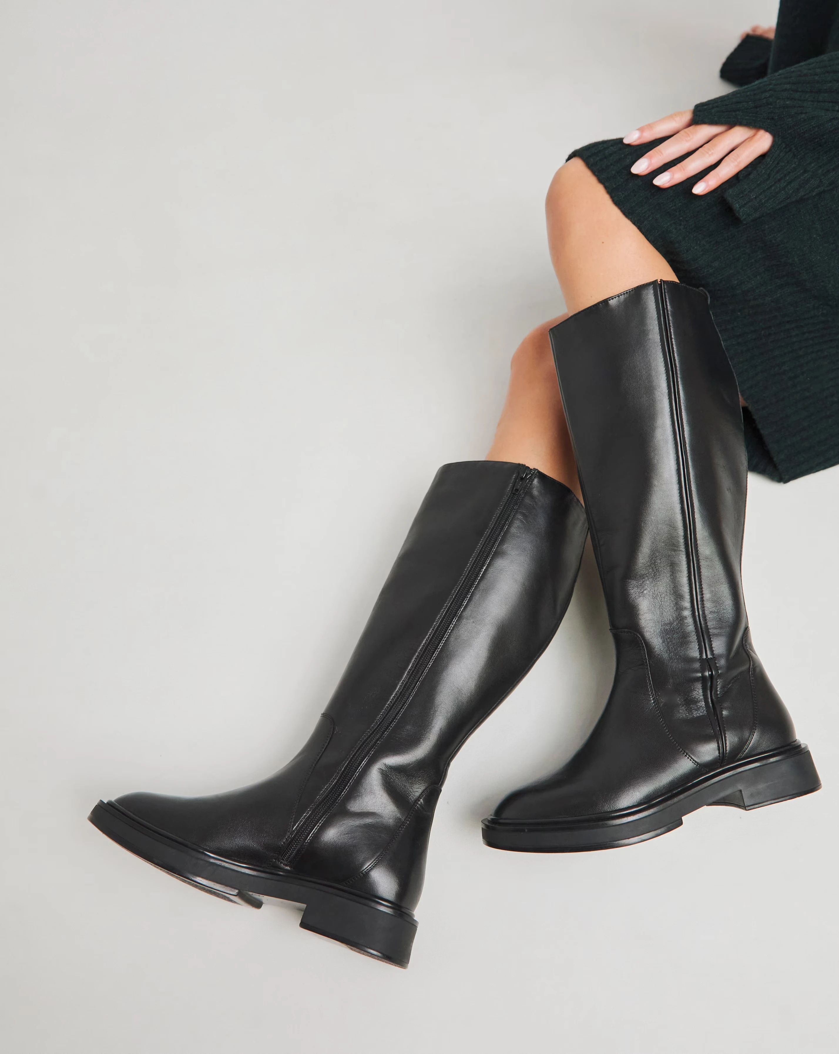 Andy Leather Stretch Seam Knee High Flat Boots Wide E Fit Curvy Calf