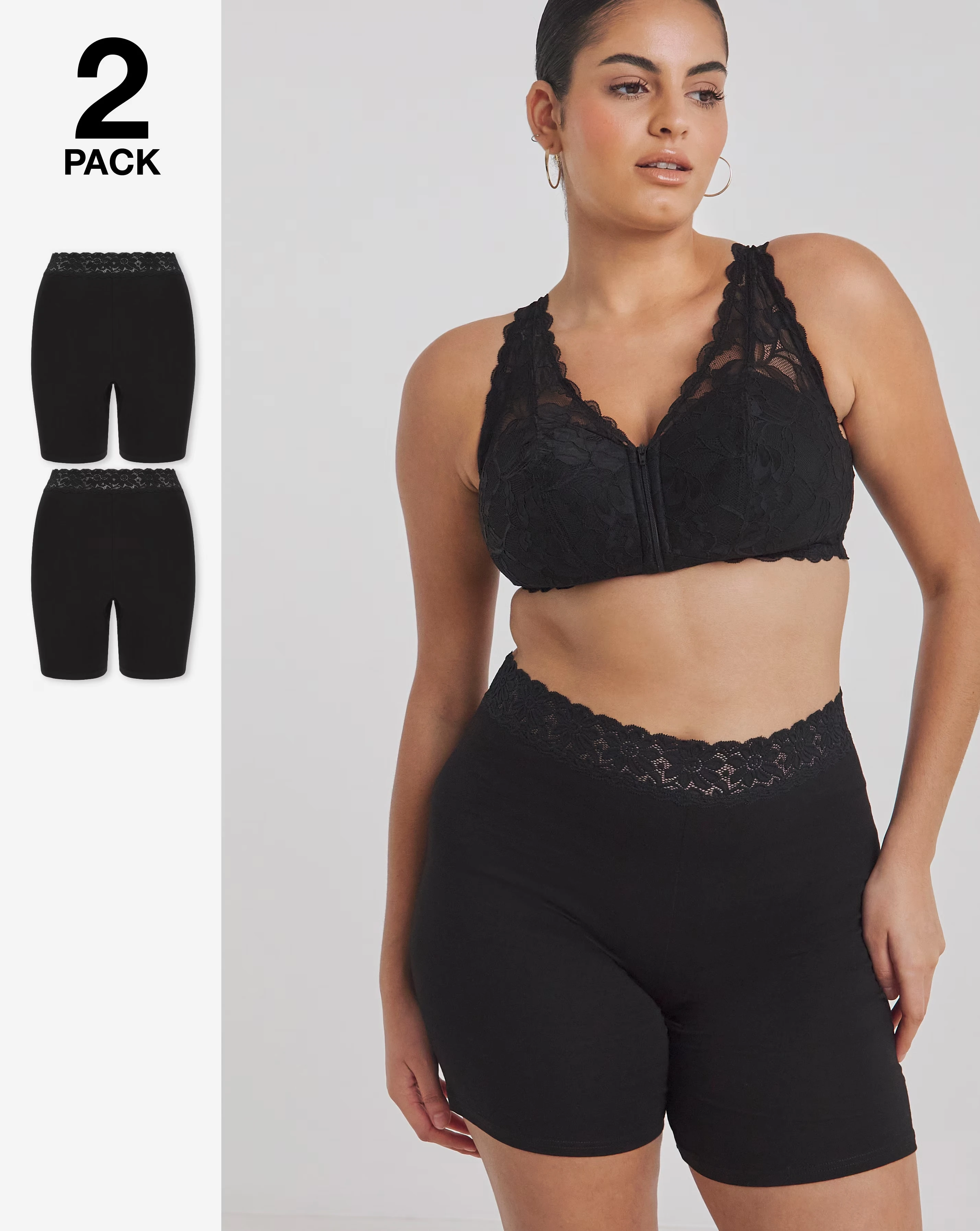 Pretty Secrets (2 Pack) Cotton Comfort Lace Trim Shorts Black/Black