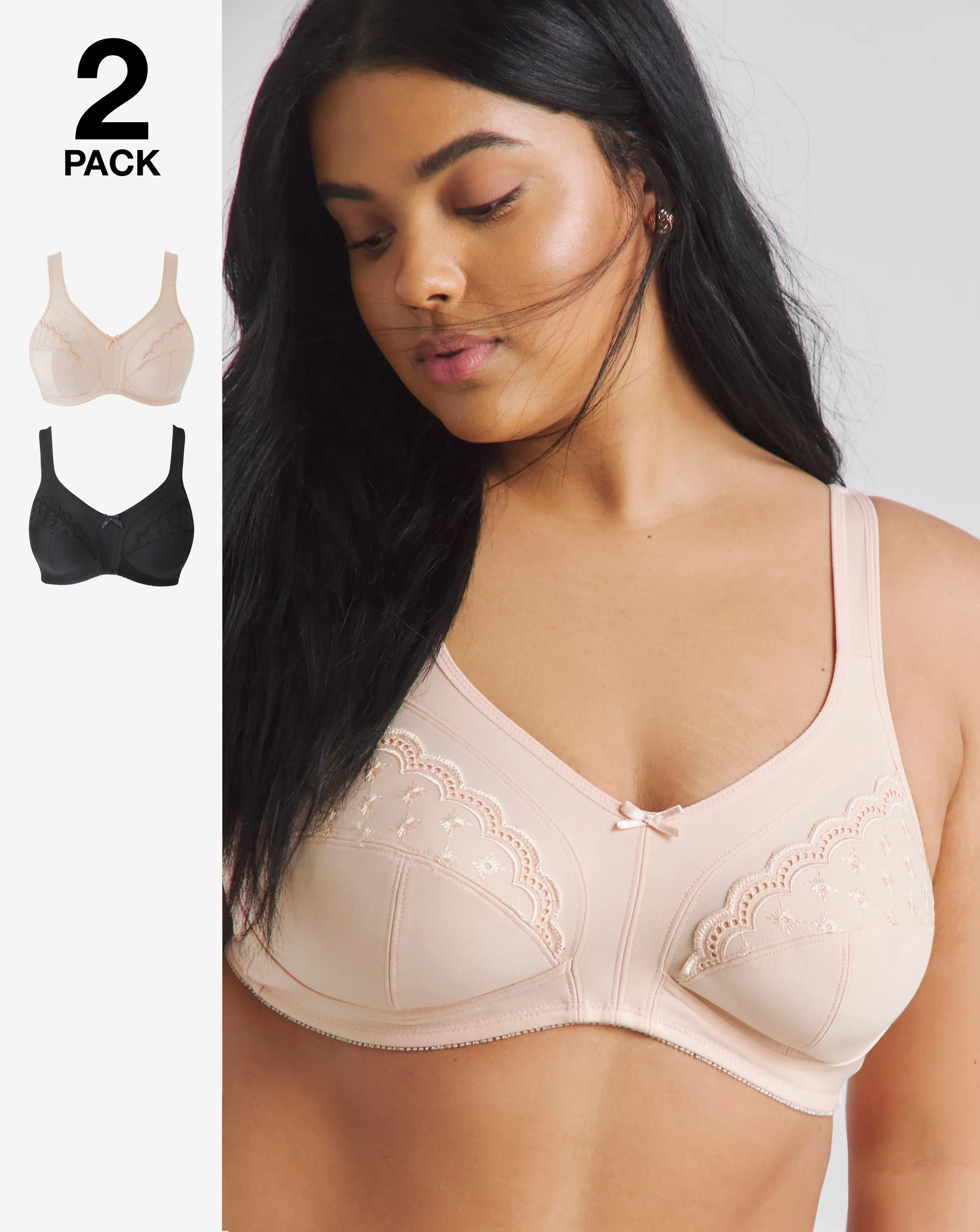 Pretty Secrets (2 Pack) Sally Non Wired Minimiser Bras (C-L) Black/Almond