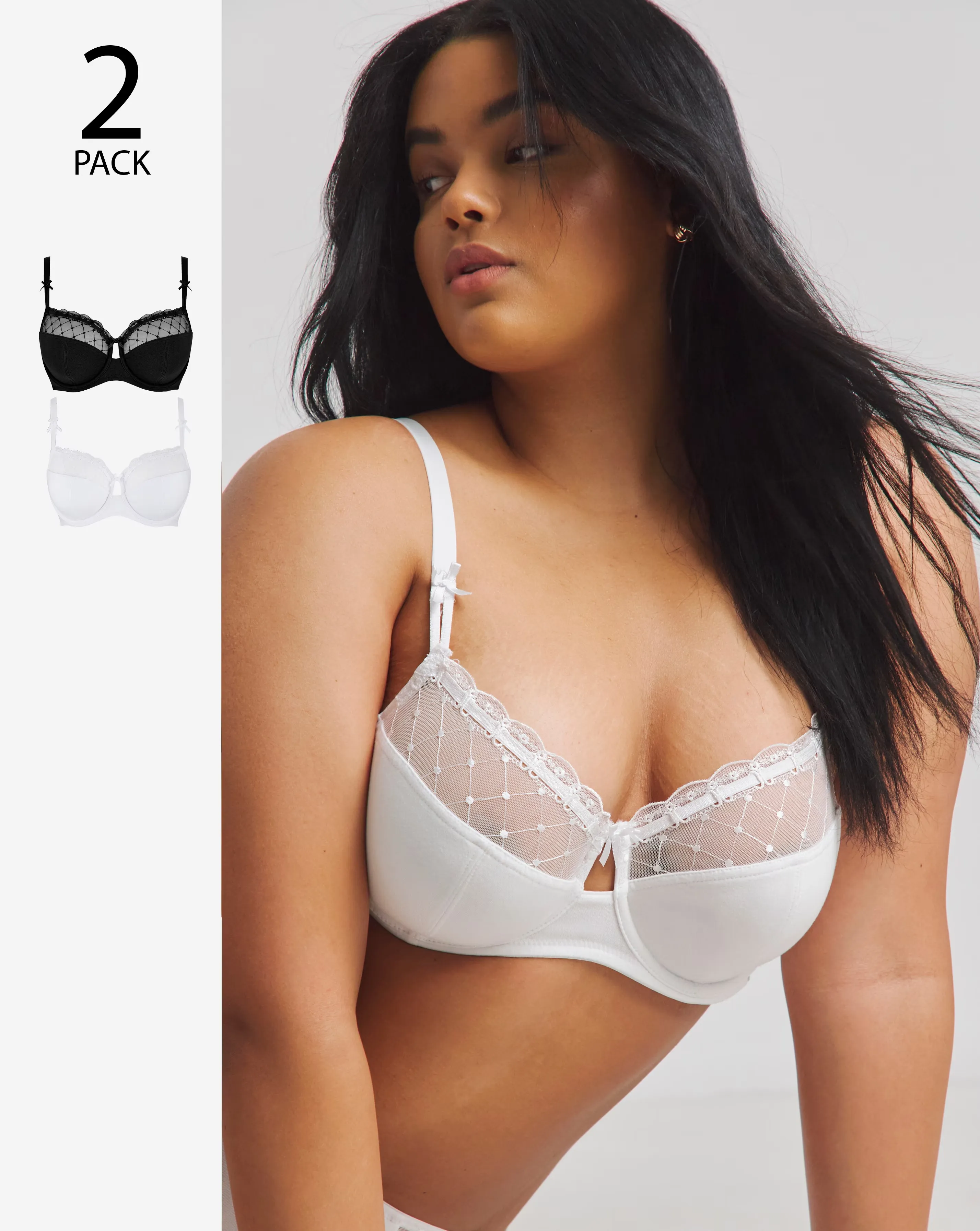 Pretty Secrets (2 Pack) Rachel Embroidered Balcony Bras (B-G) Black/White