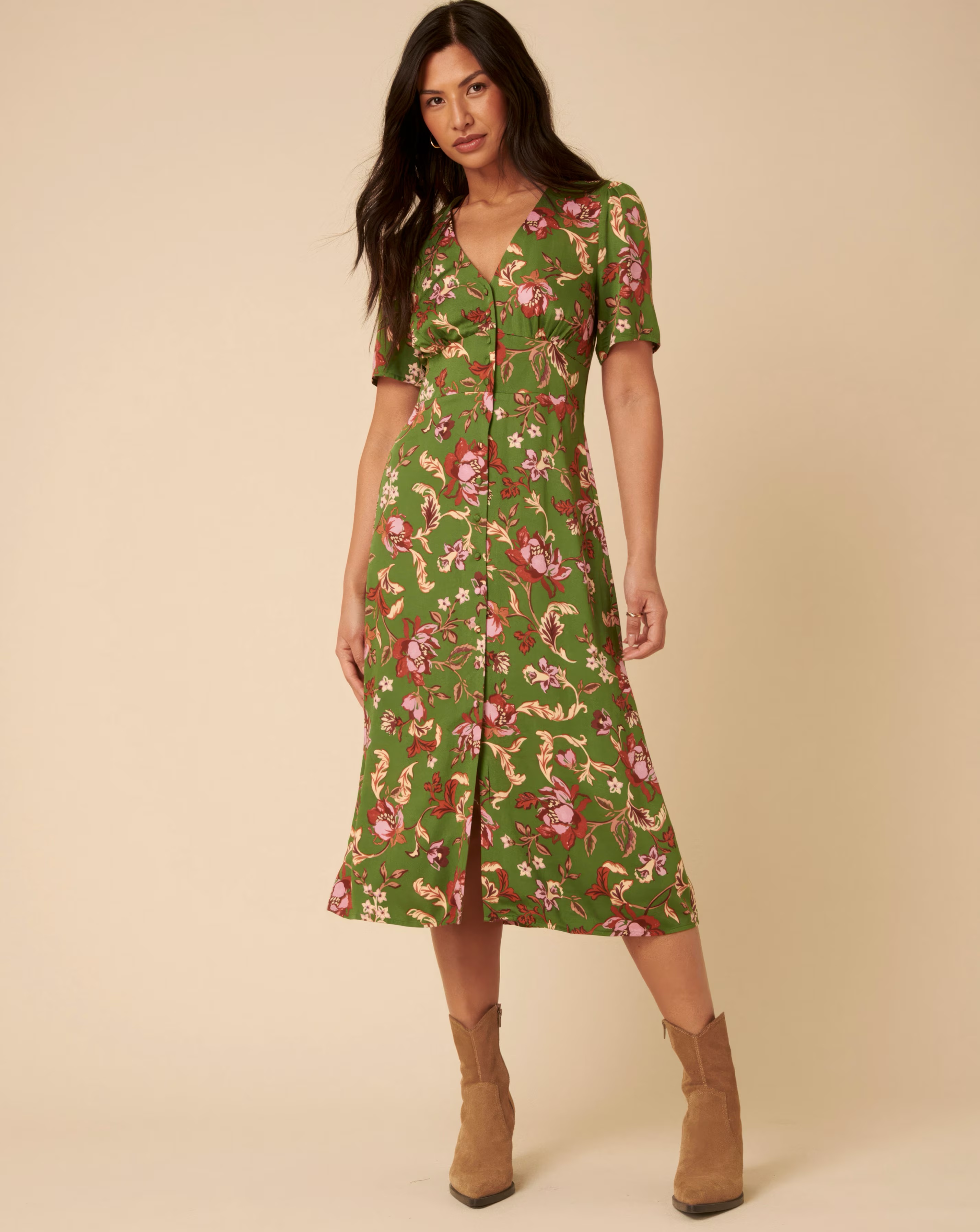 Nobody's Child Green Floral Alexa Midi Dress