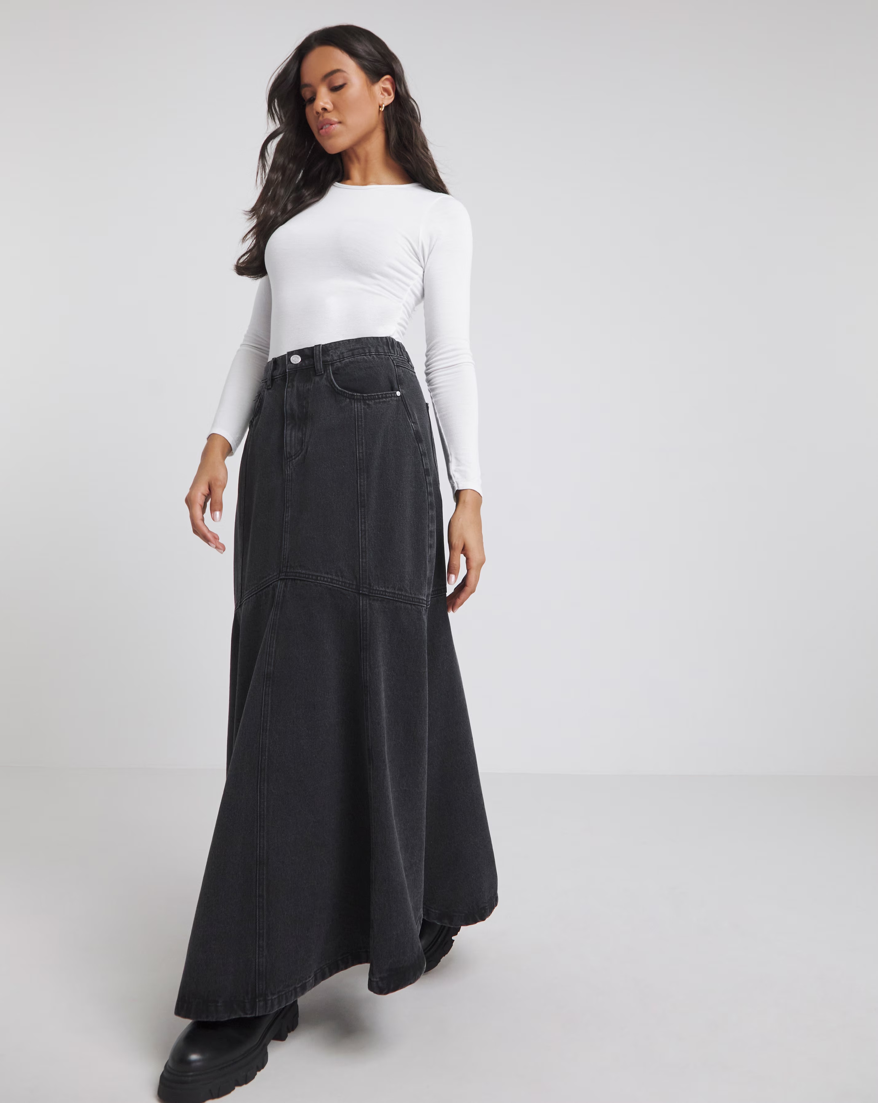 Simply Be Washed Black Fishtail Denim Maxi Skirt