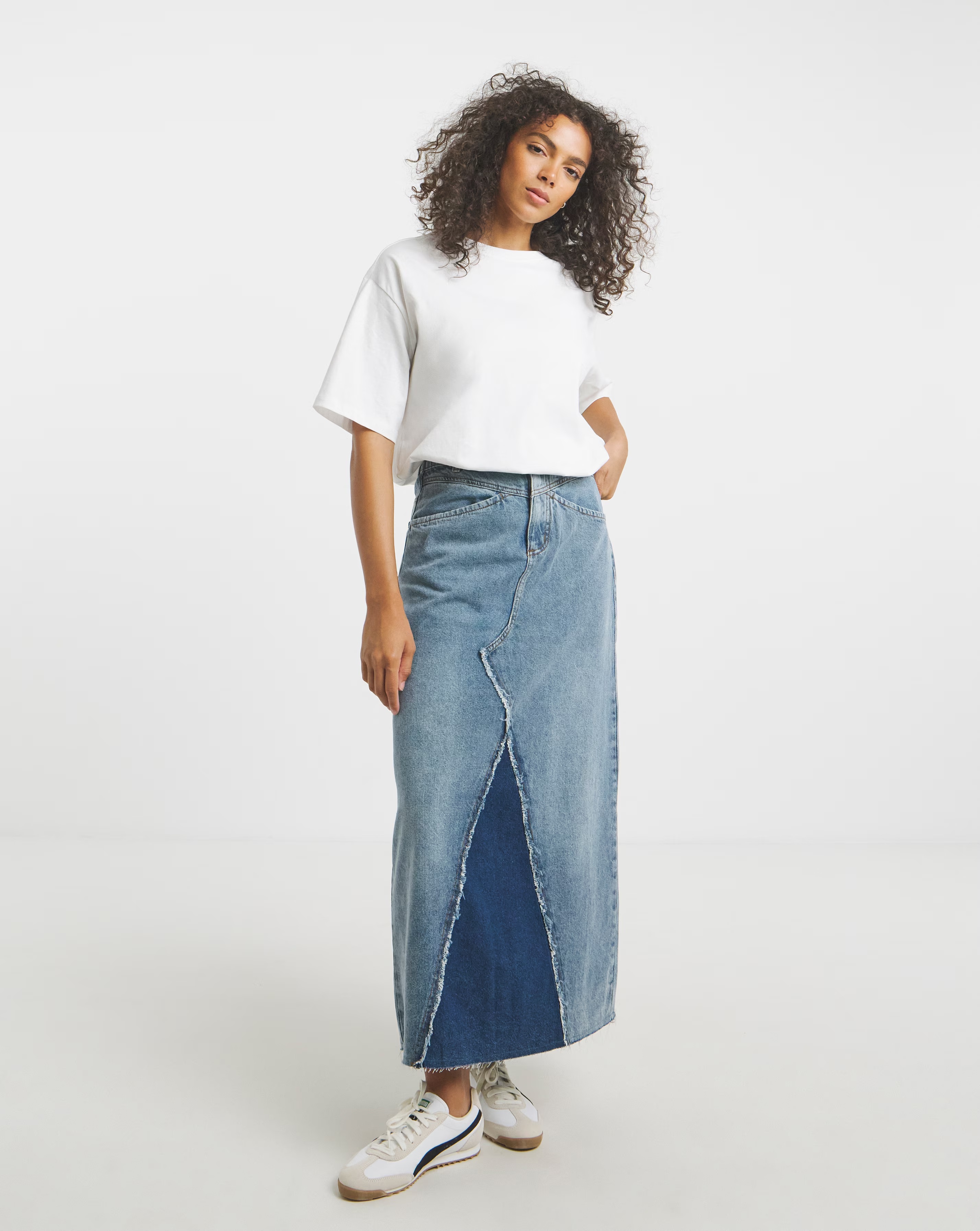 Simply Be Mid Blue Patchwork Fray Denim Maxi Skirt