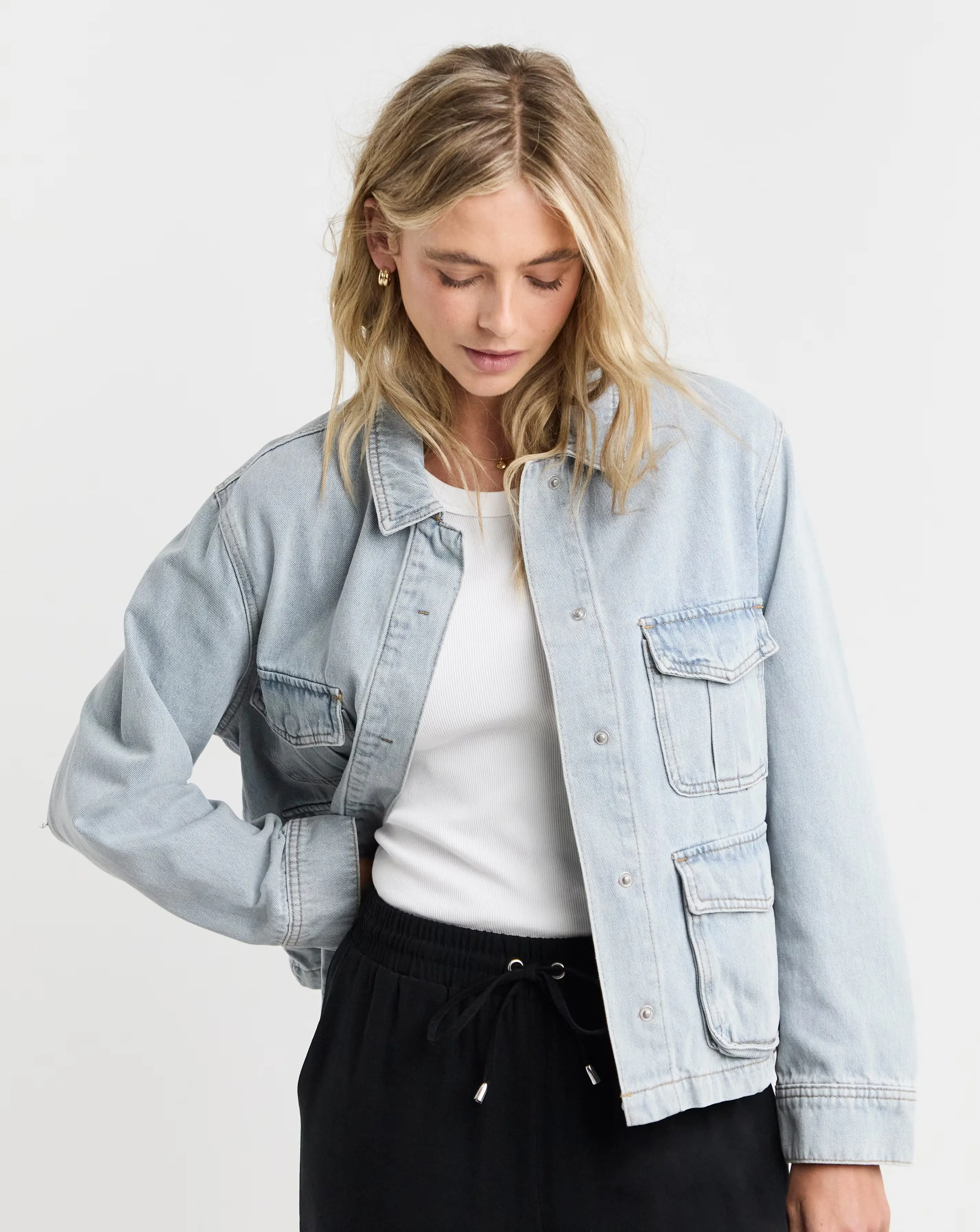 Simply Be Light Wash Utility Cargo Pocket Denim Jacket