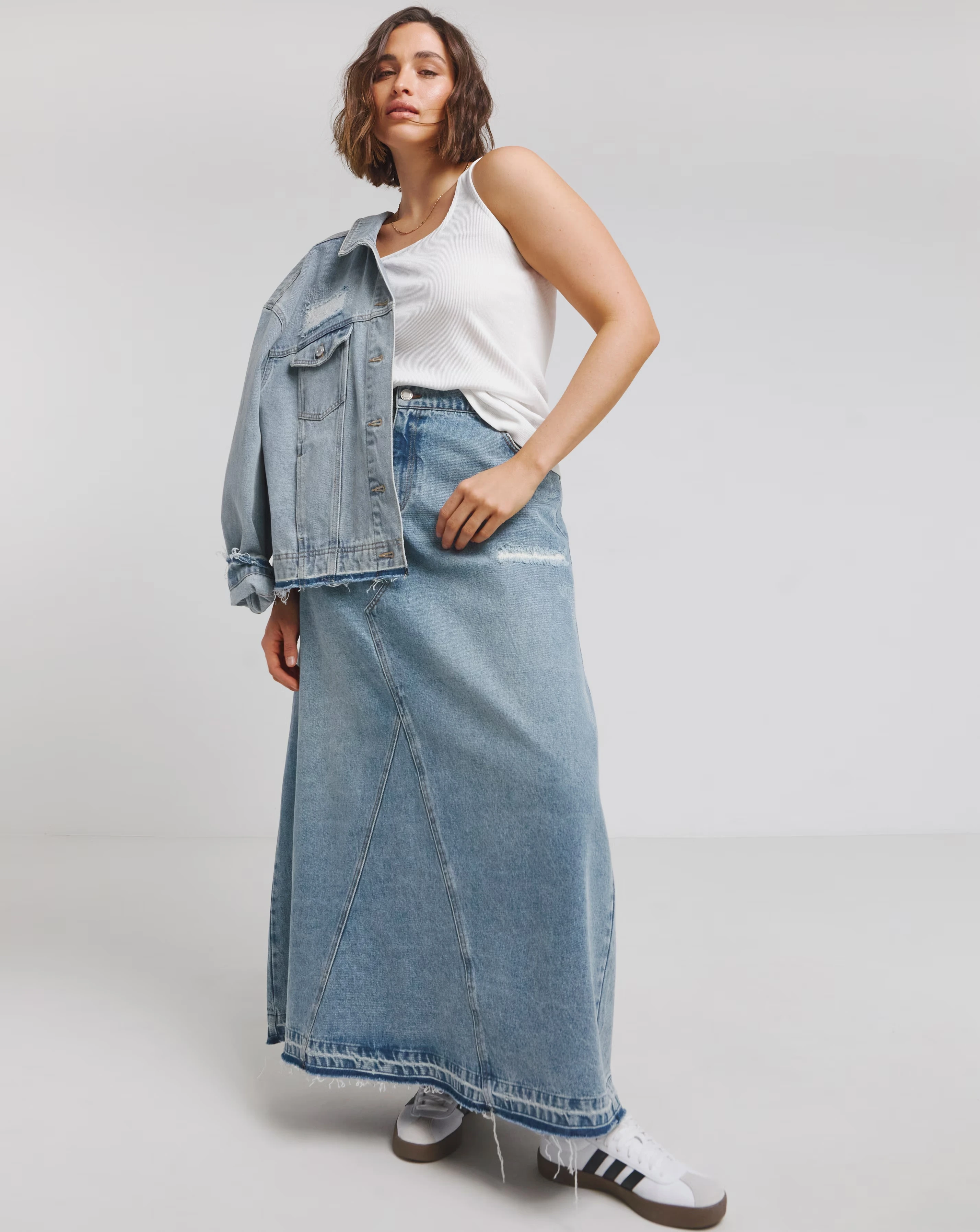 Simply Be Light Wash Rip and Repair Denim Maxi Skirt