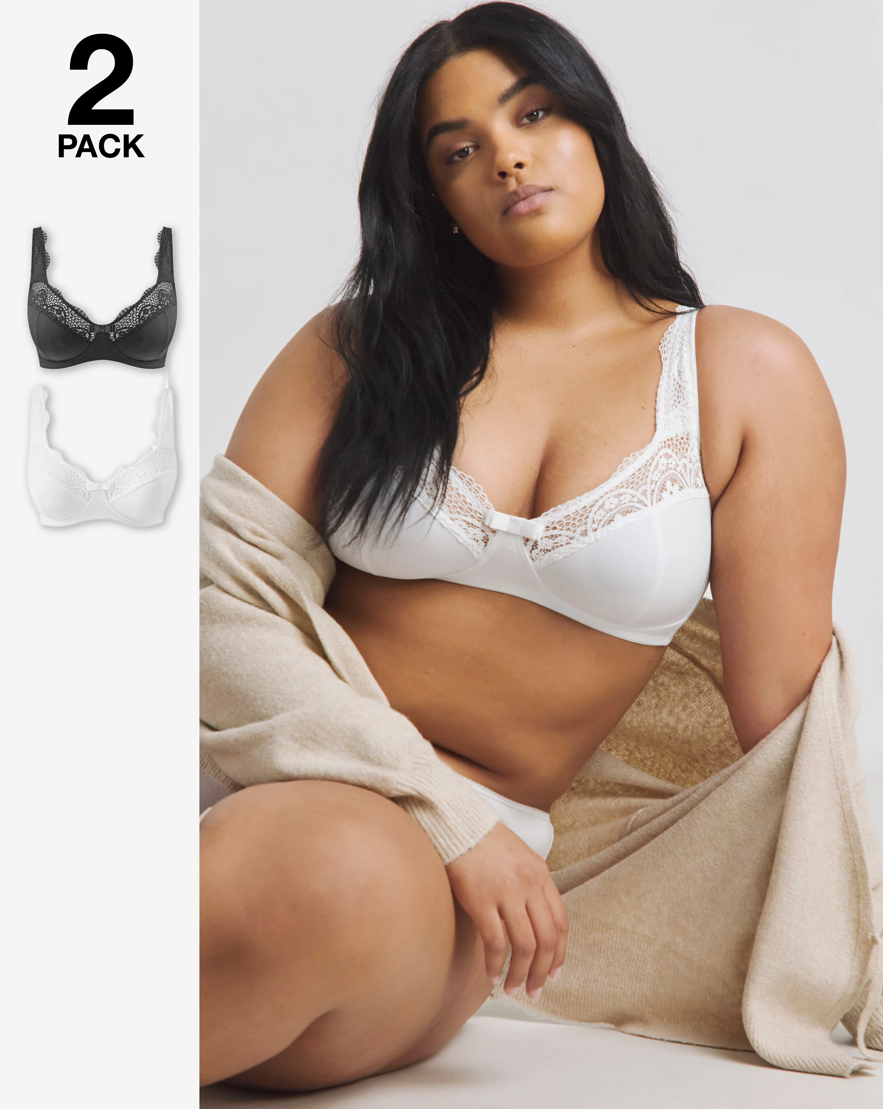 Pretty Secrets (2 Pack) Lottie Lace Non Wired Bras (B-F) White/Black