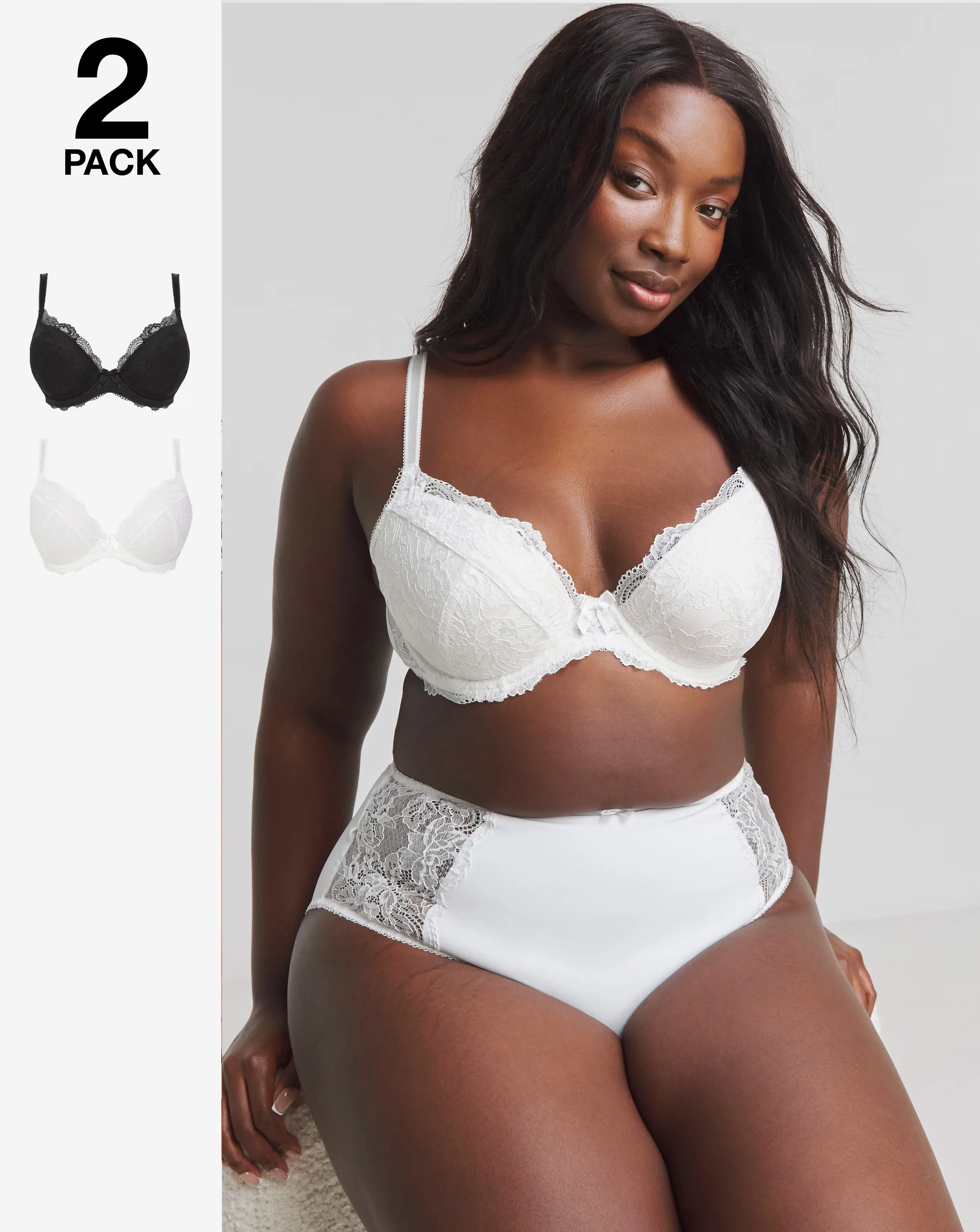 Pretty Secrets (2 Pack) Ella Lace Padded Plunge Wired Bras (B-J) Black/White