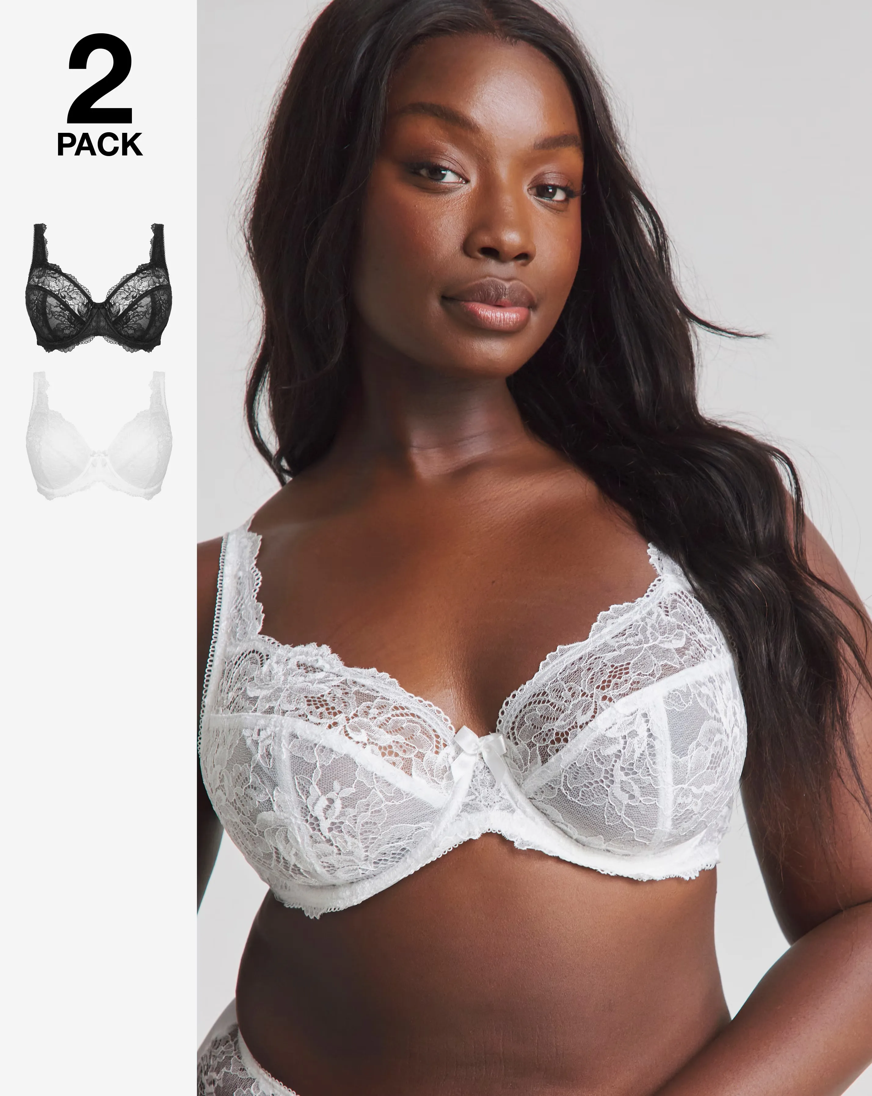 Pretty Secrets (2 Pack) Ella Lace Full Cup Wired Bras (B-J) Black/White