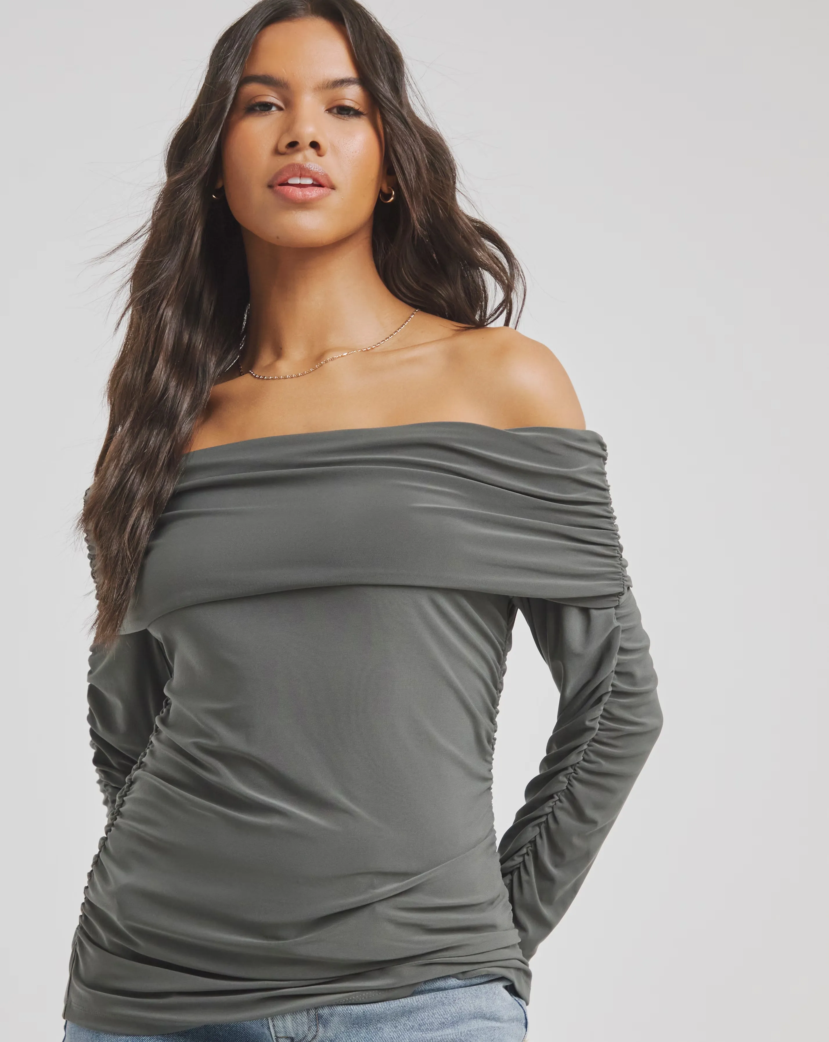 Charcoal Ruched Bardot Top