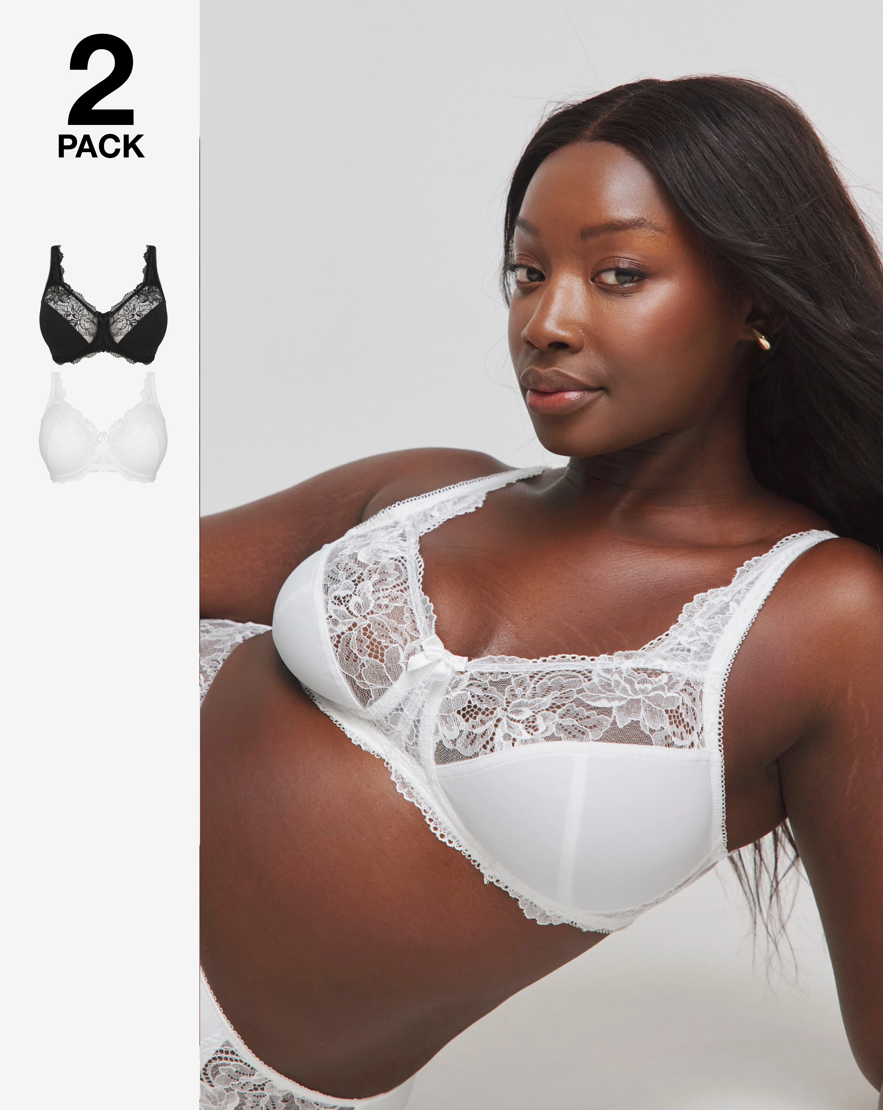 Pretty Secrets (2 Pack) Ella Lace Non Wired Full Cup Bras (B-H) Black/White