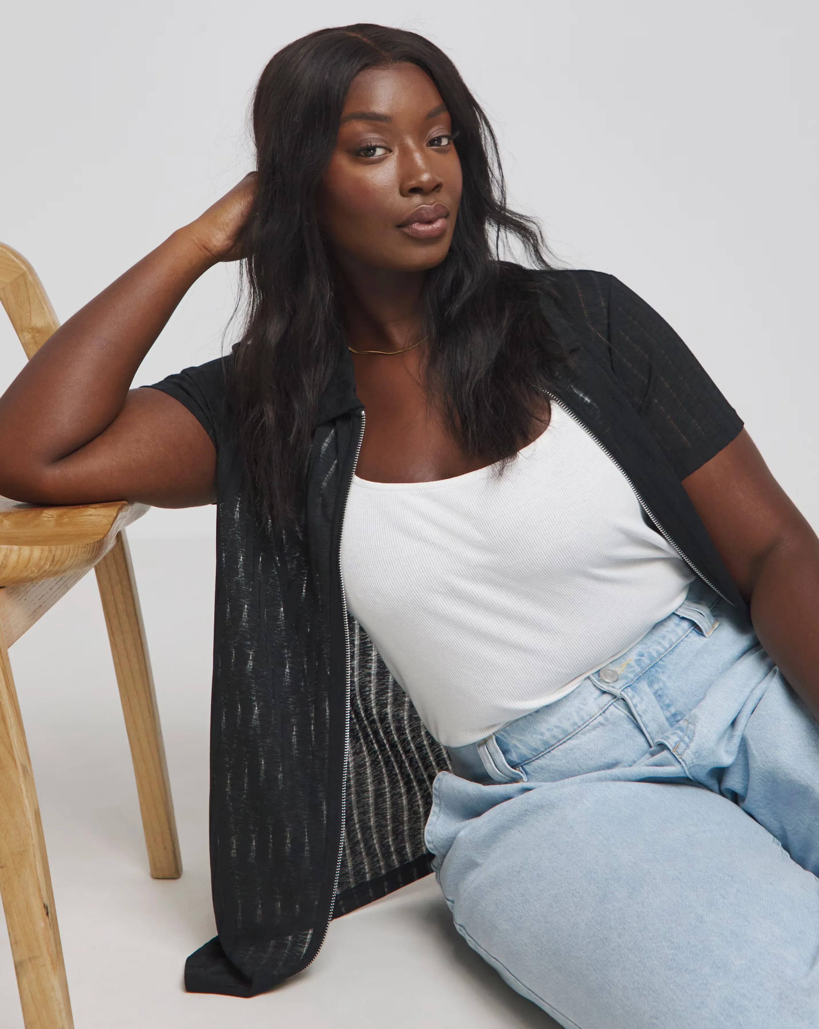 Simply Be Black Textured Zip Through Top