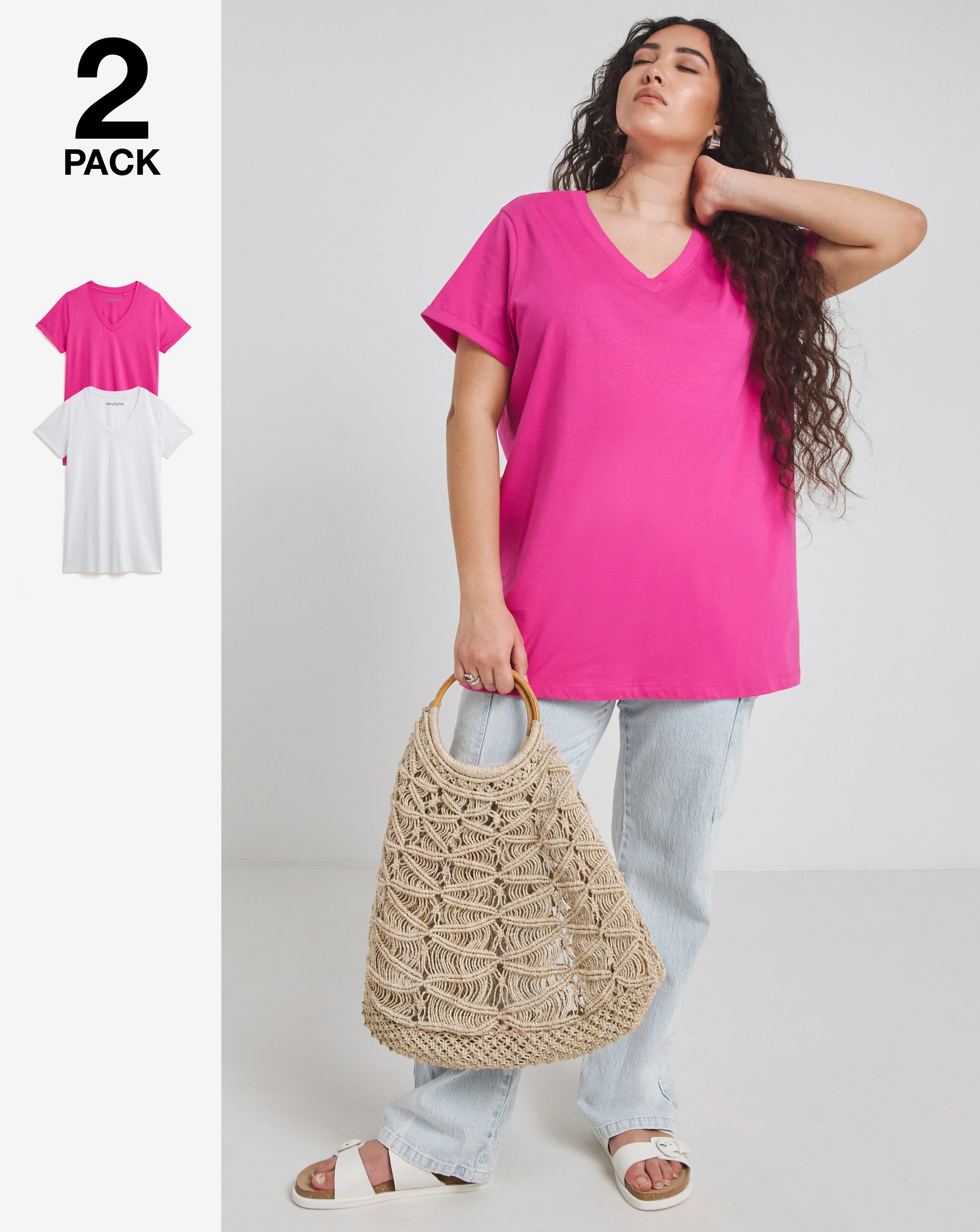 Simply Be White & Hot Pink 2 Pack V Neck Longline T-Shirts