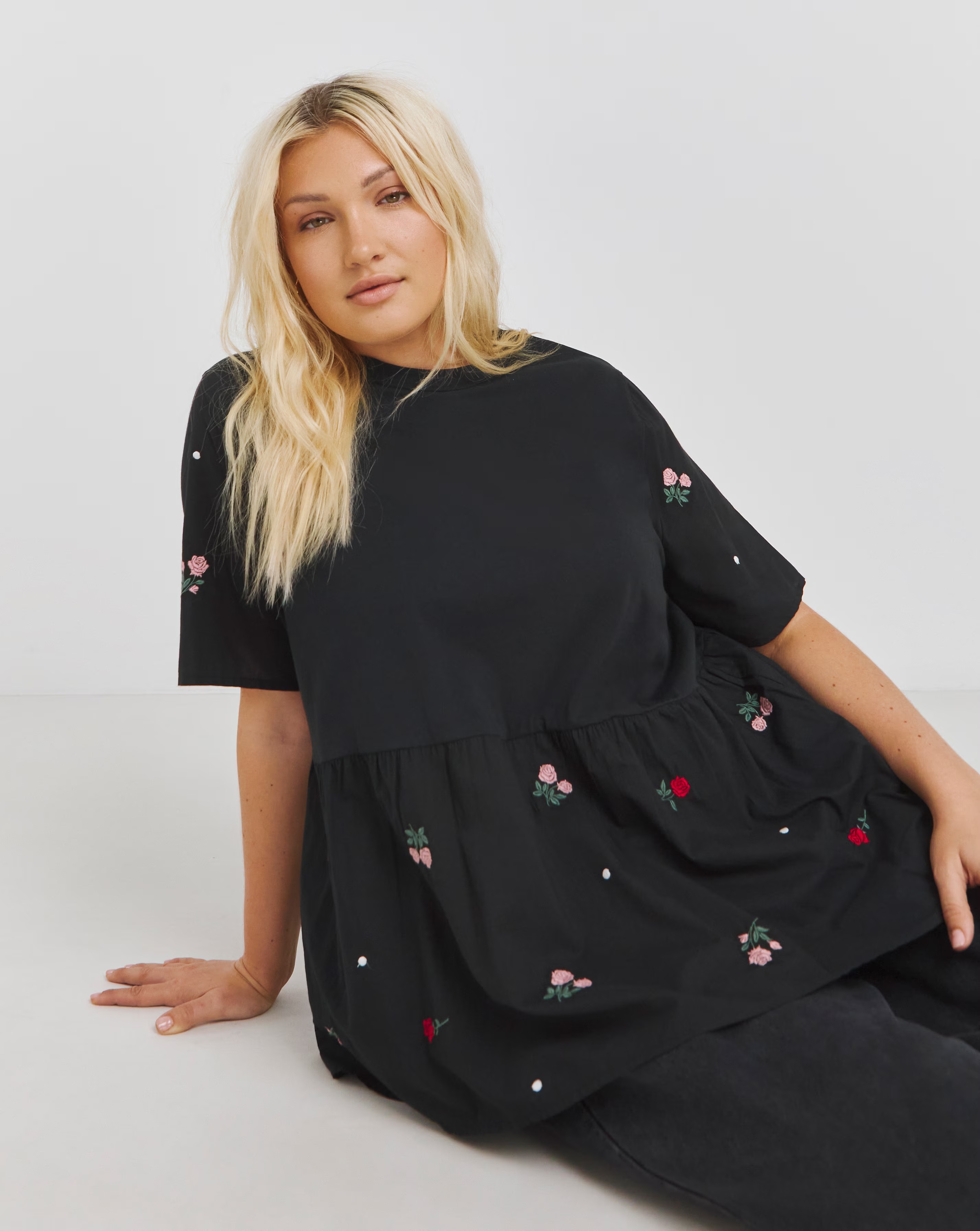 Embroidered Red Floral Jersey Lightweight Poplin Mix Top