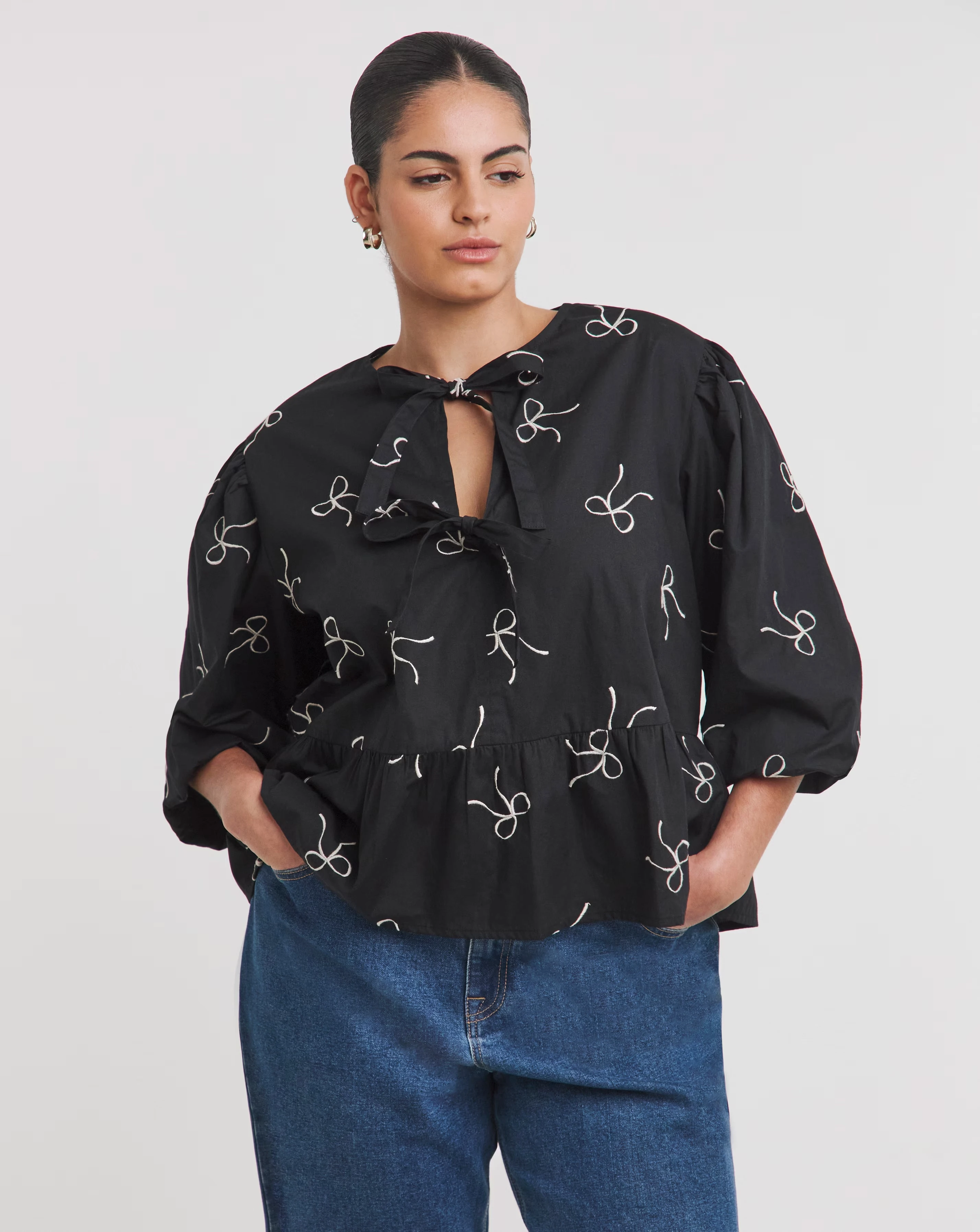 Embroidered Bow Tie Front Blouse