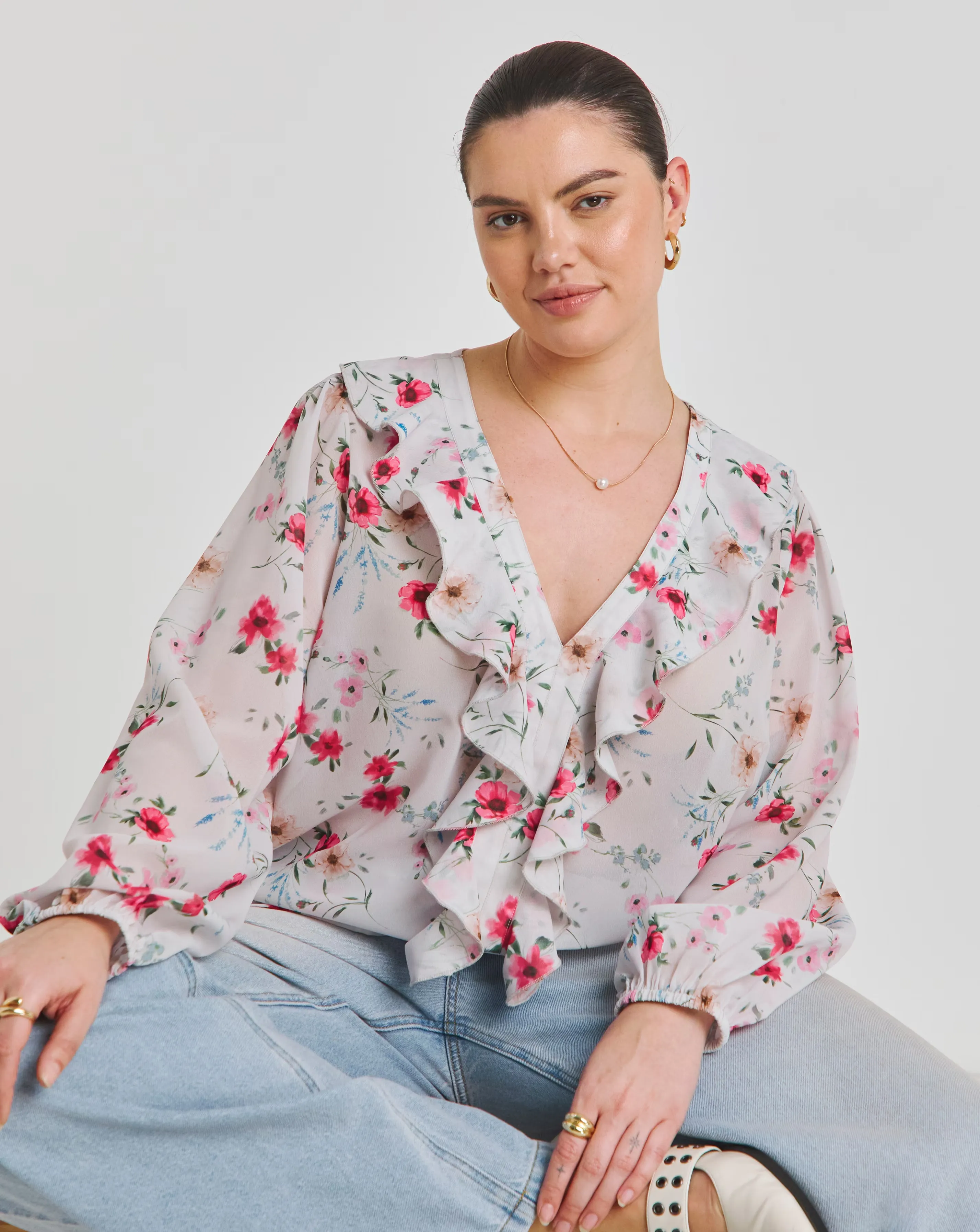 Floral Print Ruffle Blouse