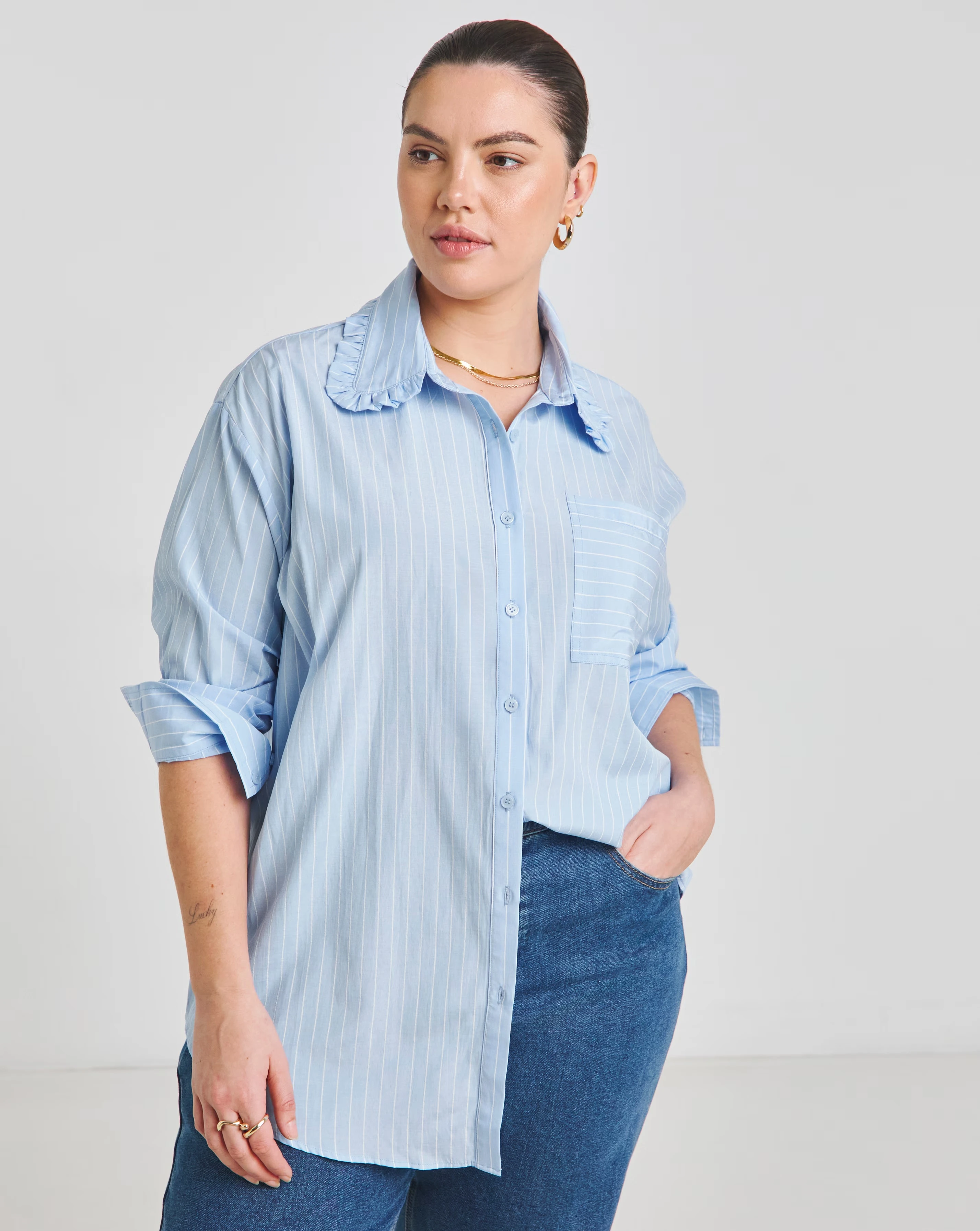Blue Stripe Ruffle Trim Collar Shirt