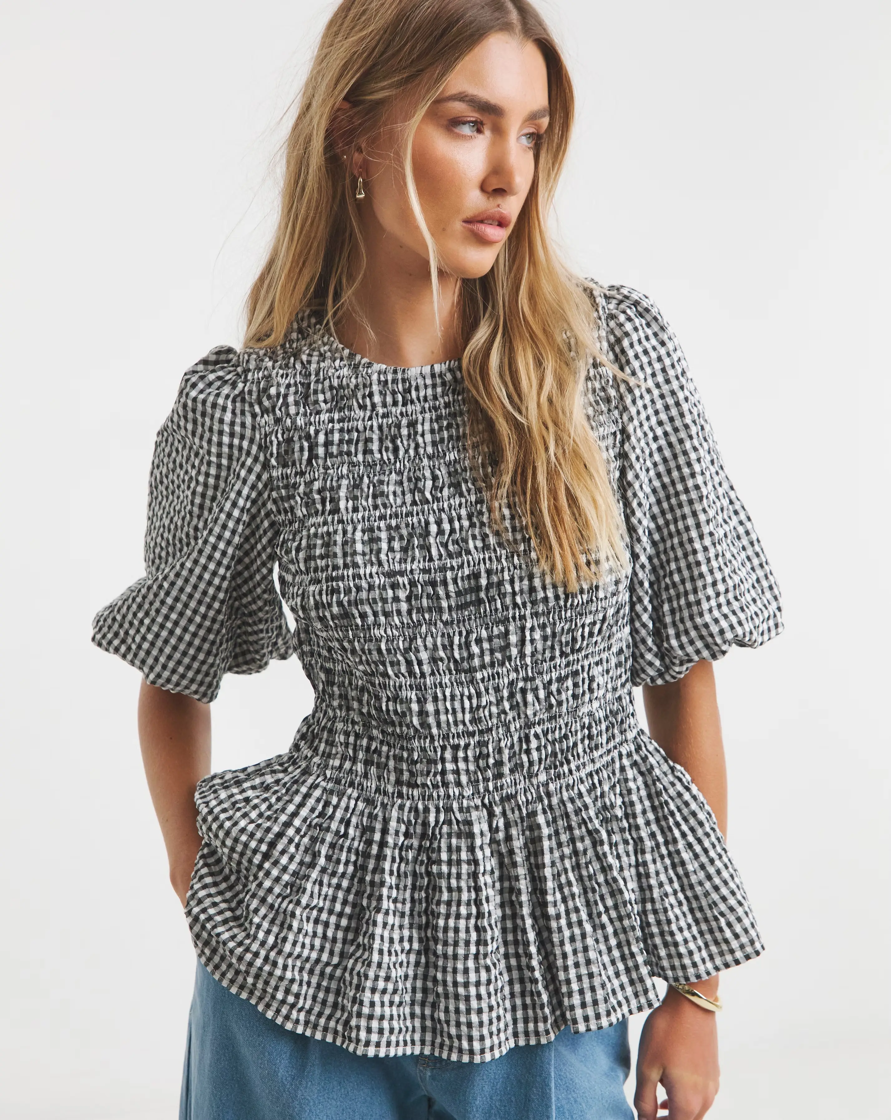 Simply Be Gingham Shirred Seersucker Blouse