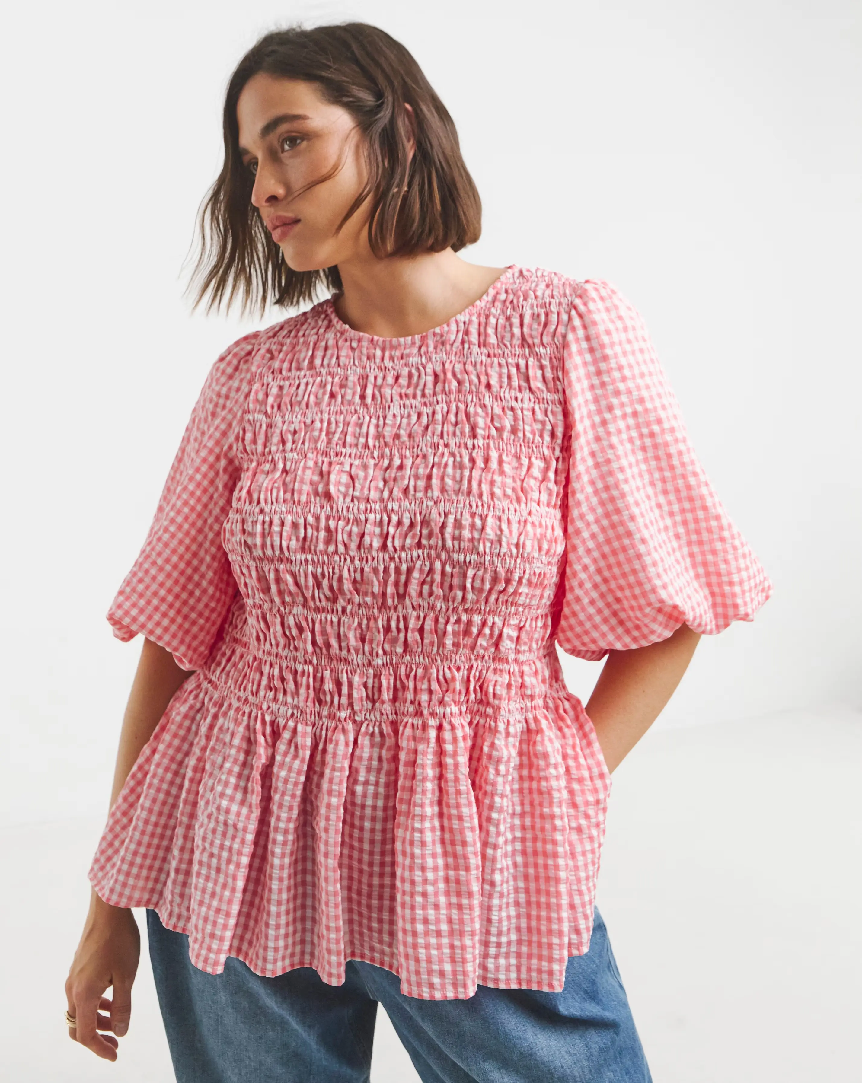 Simply Be Pink Gingham Seersucker Shirred Blouse 1 37060-simply-be-pink-gingham-seersucker-shirred-blouse-1.webp