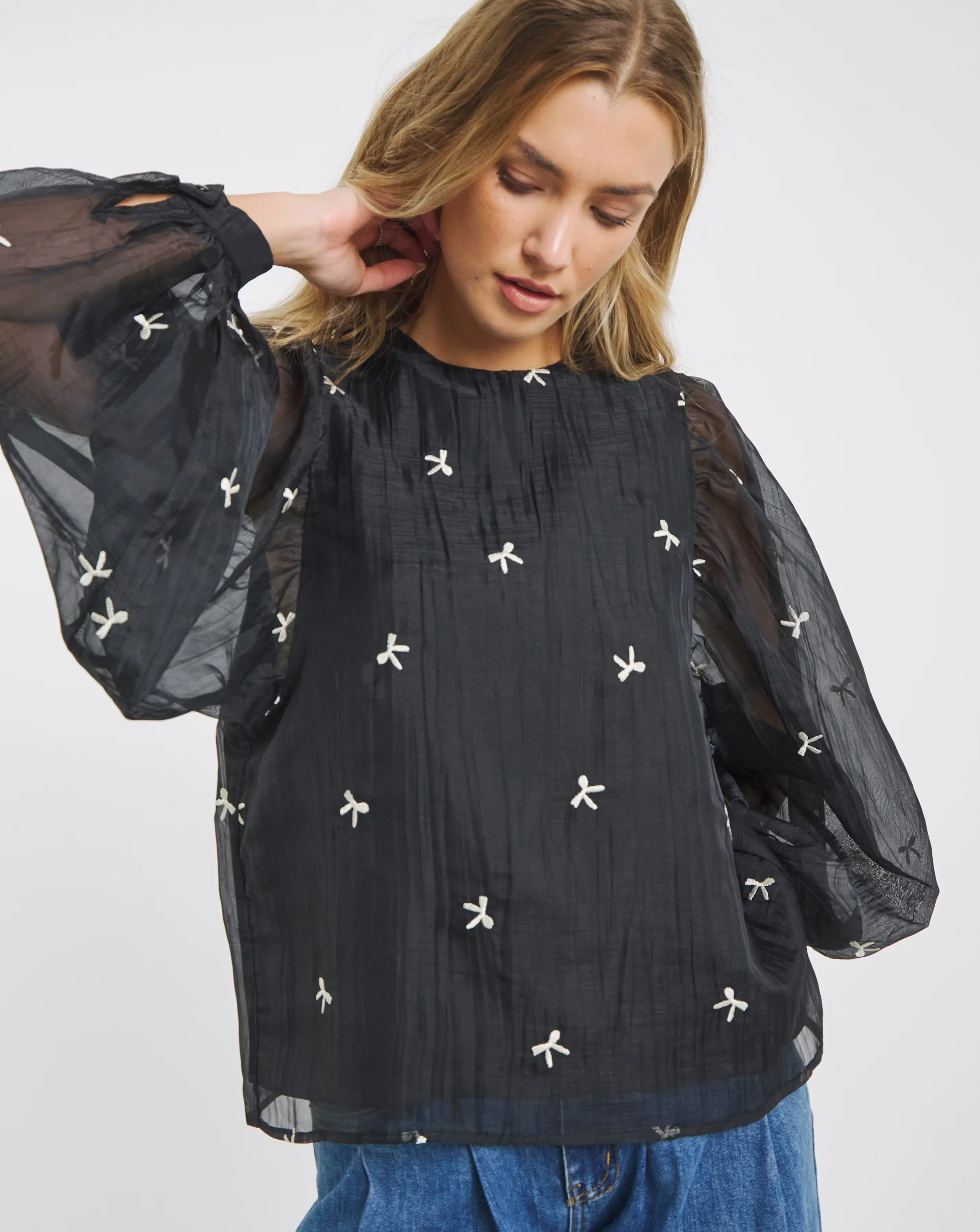 Simply Be Black Organza Embroidered Bow Blouse