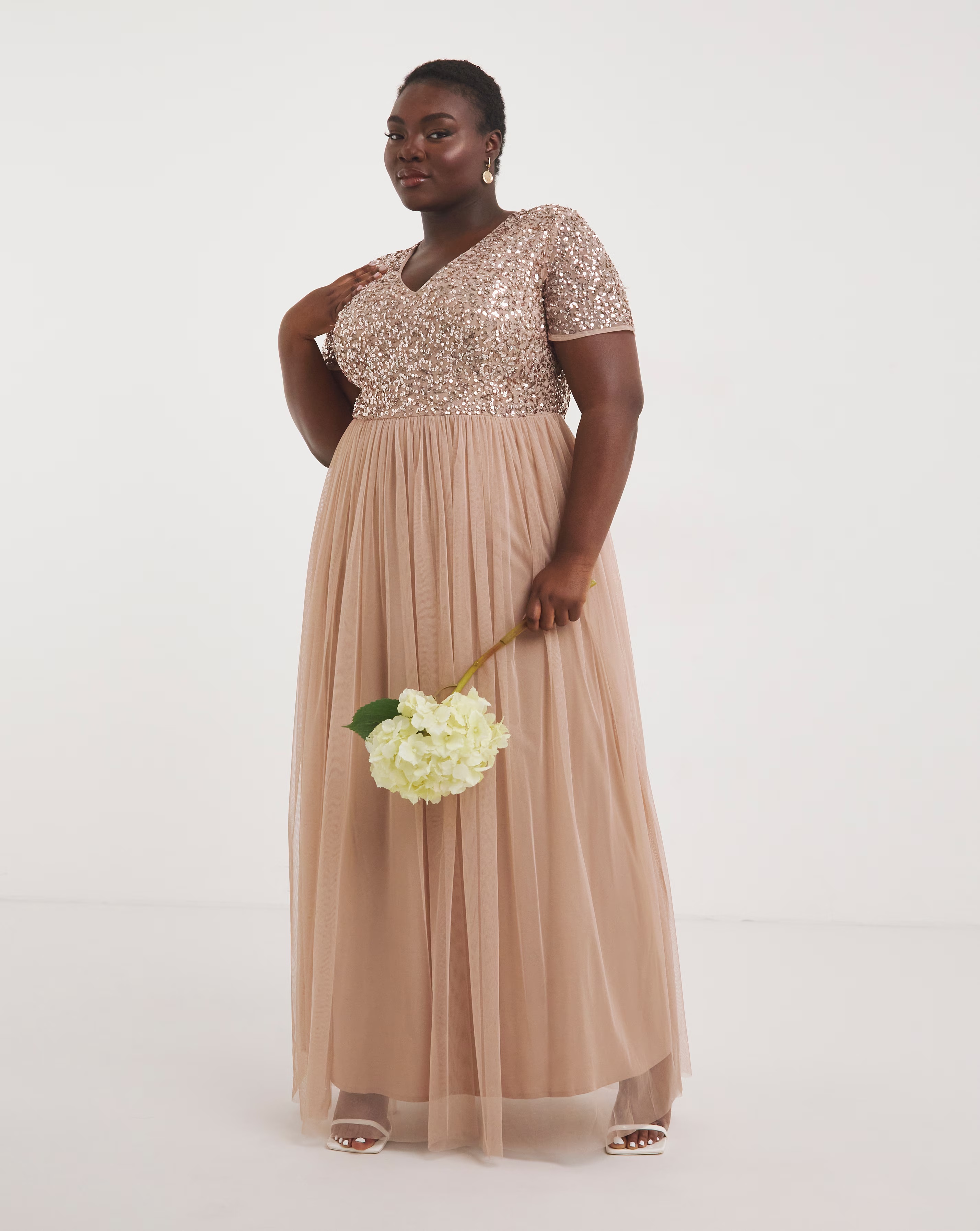 Maya Curve V-Neck Sequin Embellished Tulle Maxi Dress
