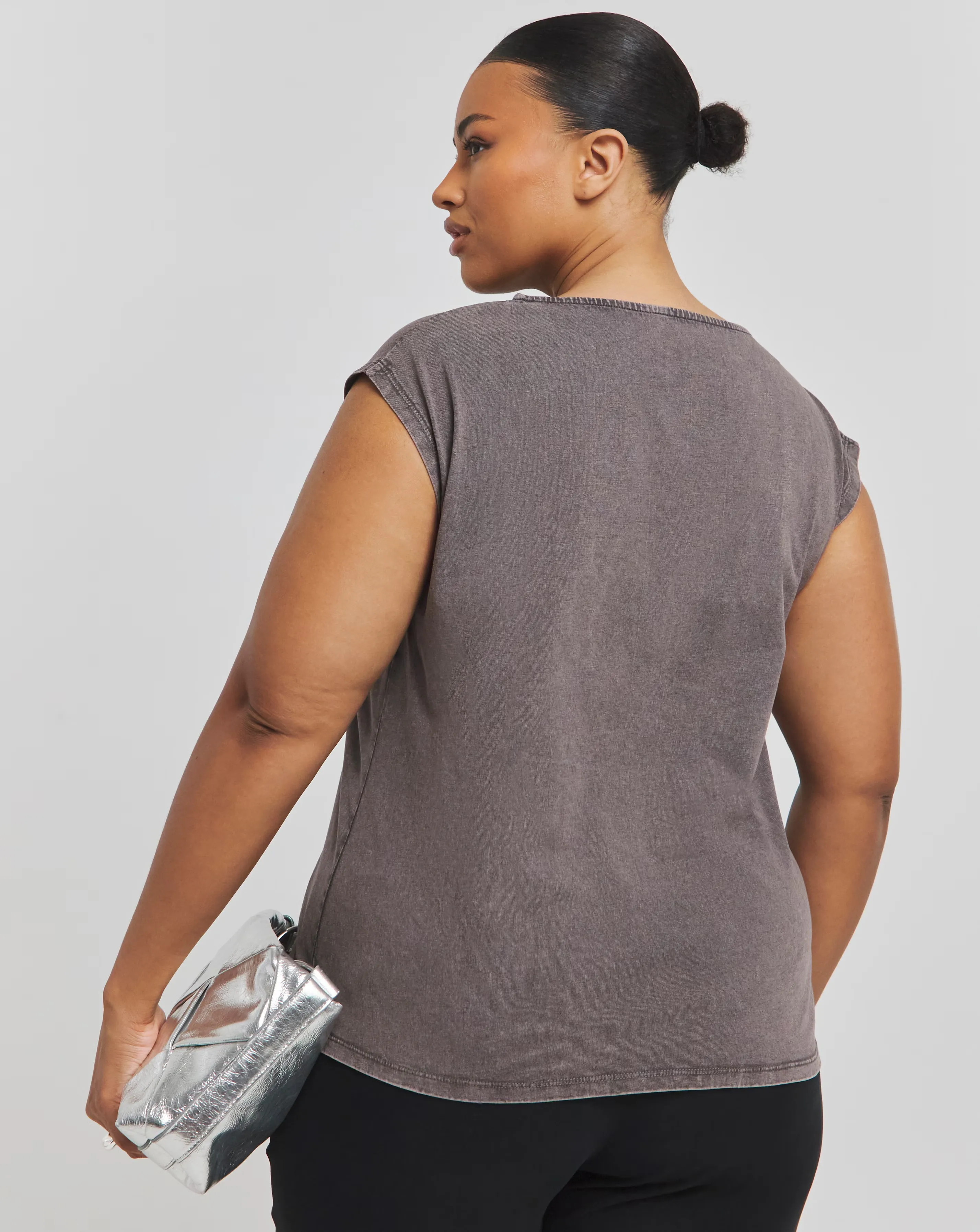 Acid Wash Draped Slash Neck Top