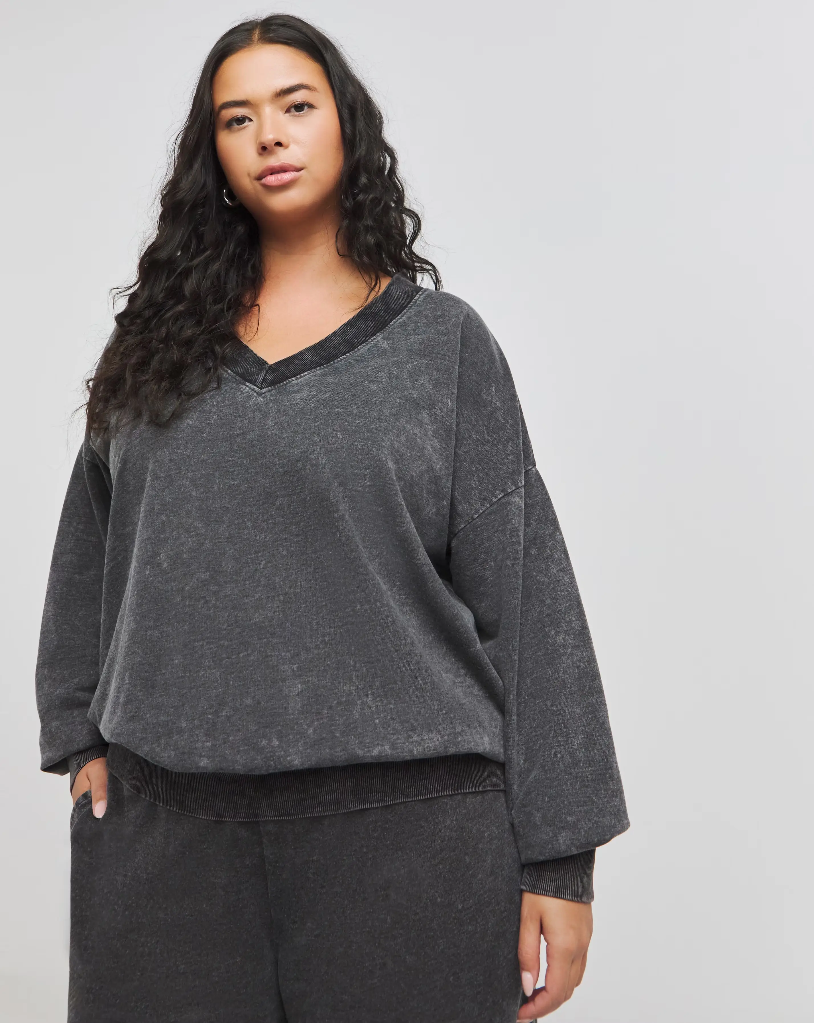 Acid Wash Grey Deep V Neck Sweatshirt