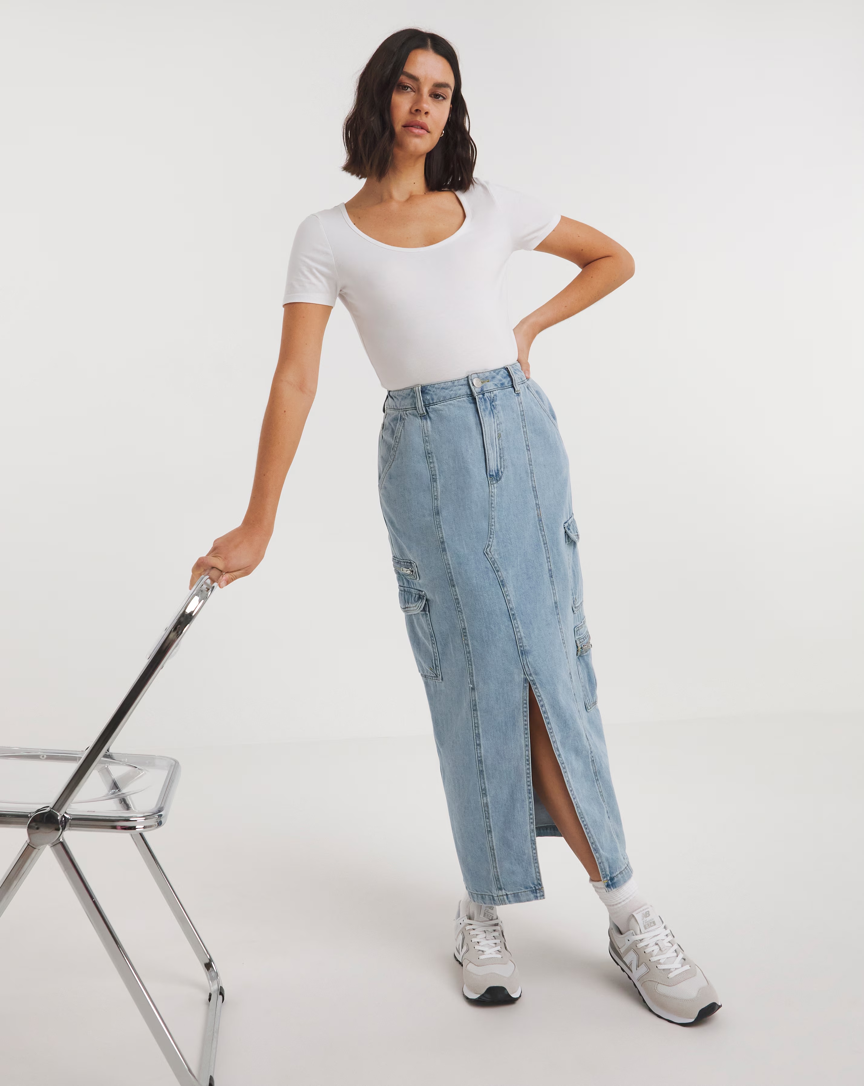 Light Blue Denim Cargo Maxi Skirt