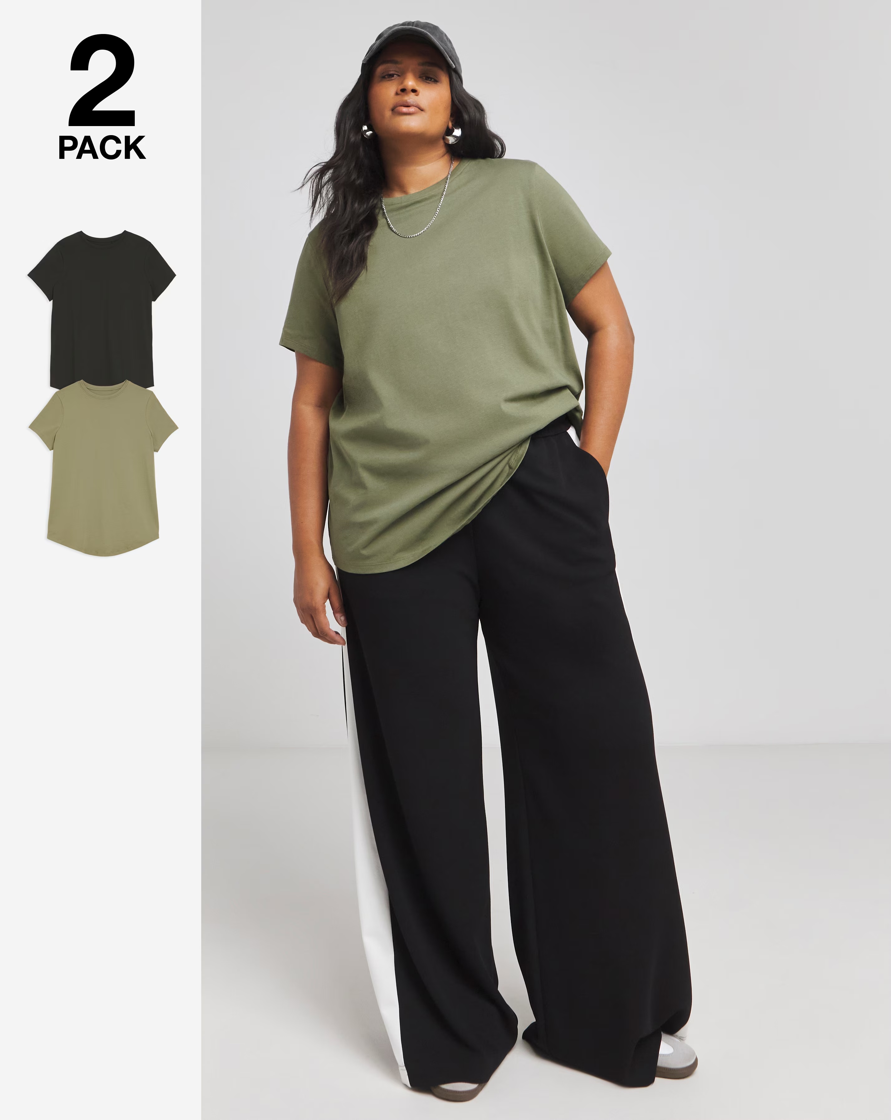 Simply Be Khaki & Black 2 Pack Curved Hem Longline T-Shirt