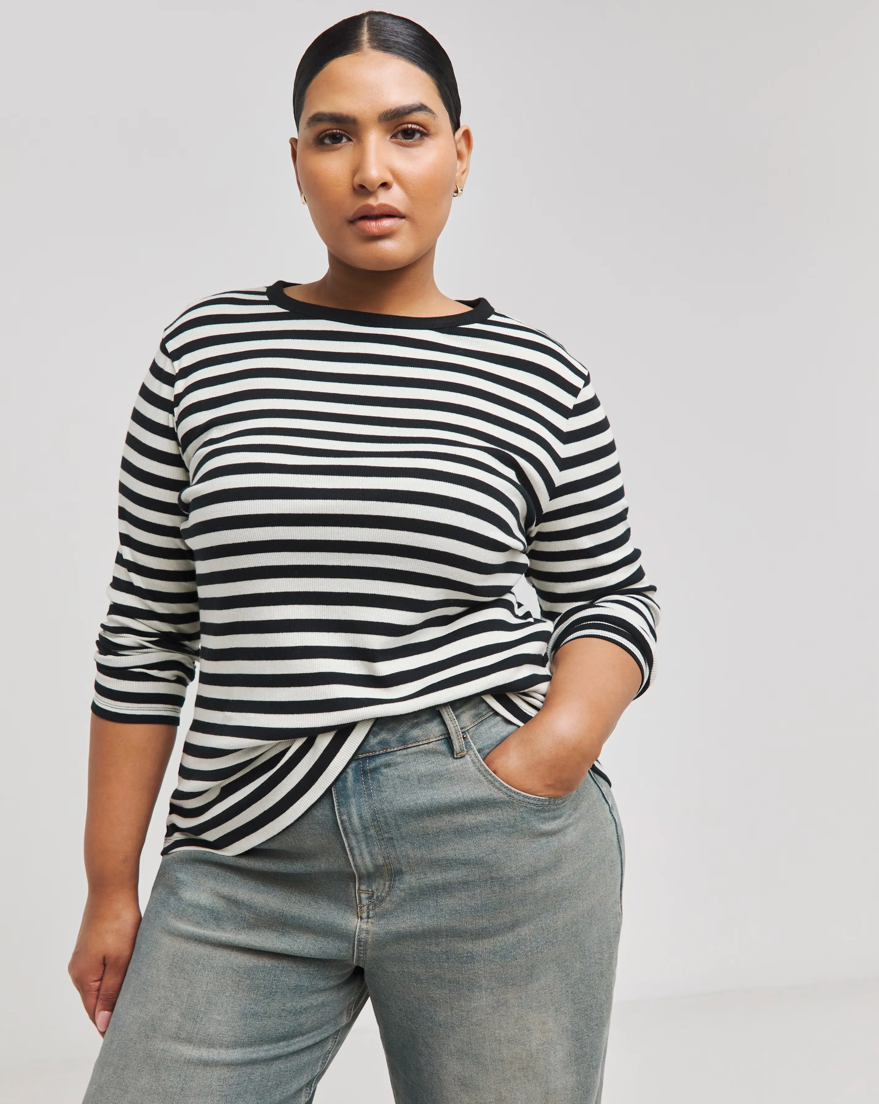 Black & Ivory Stripe Ribbed Long Sleeve Top