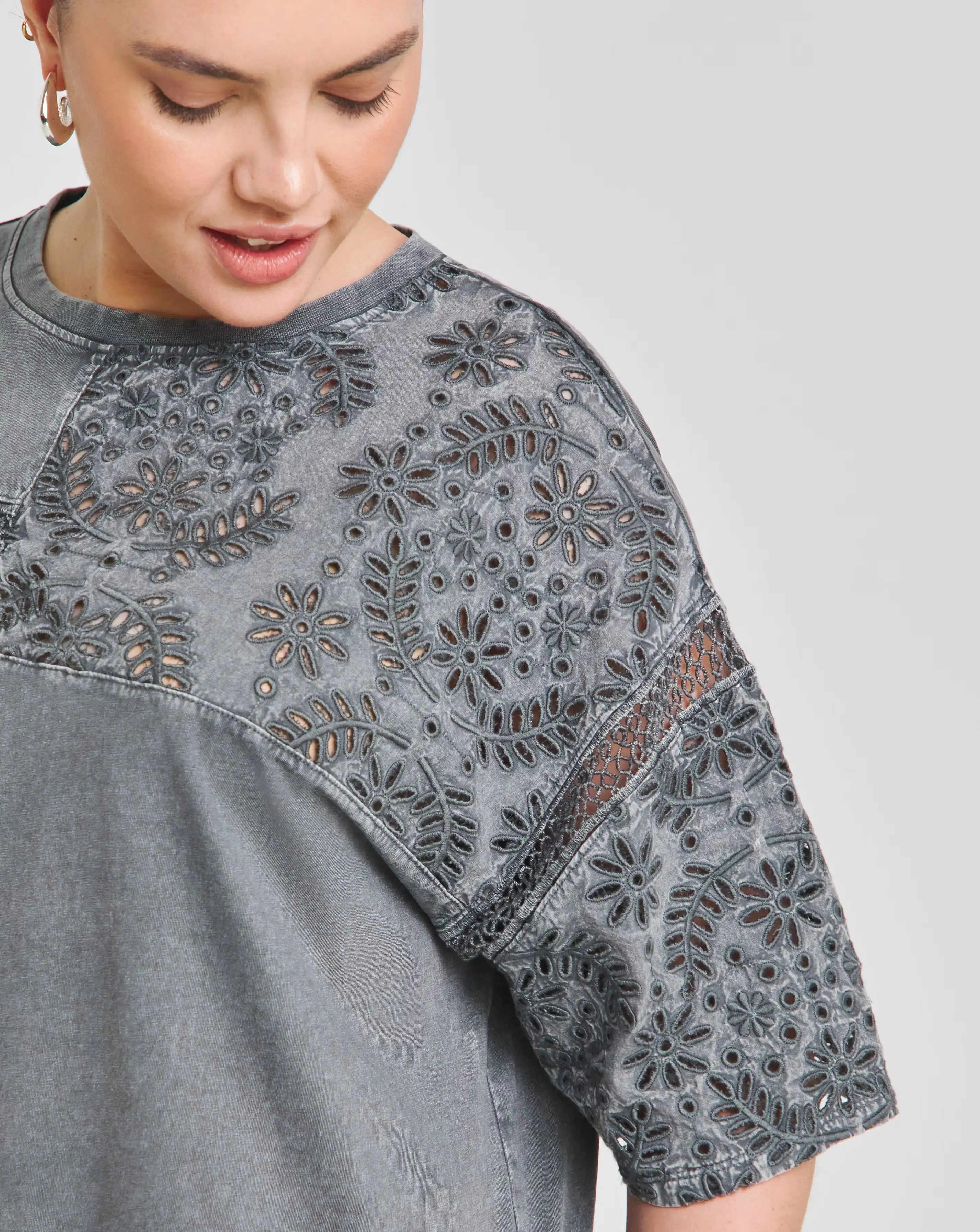 Acid Wash Grey Cut Work Oversized T-Shirt