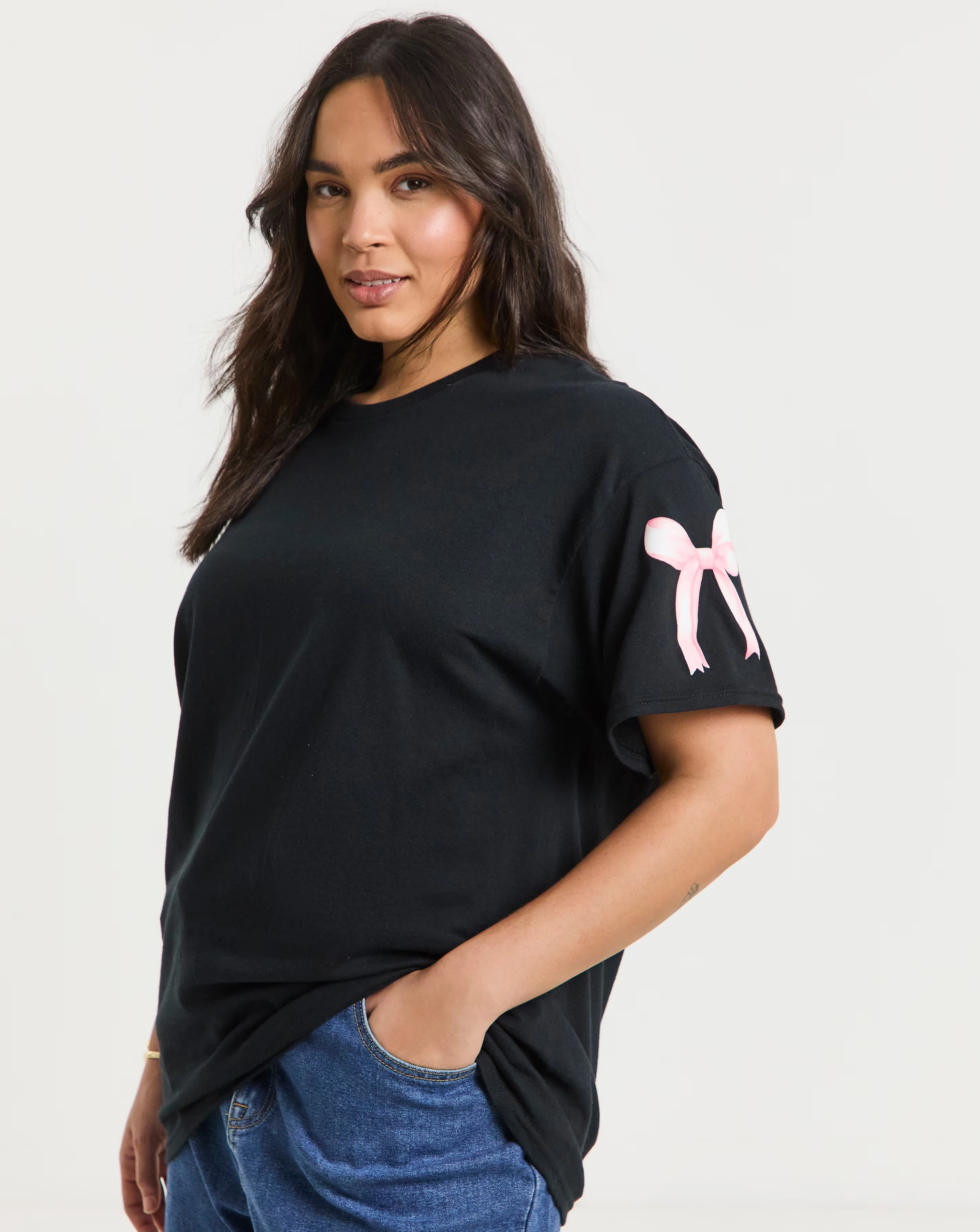 Simply Be Black Bow Sleeves Slogan T-Shirt