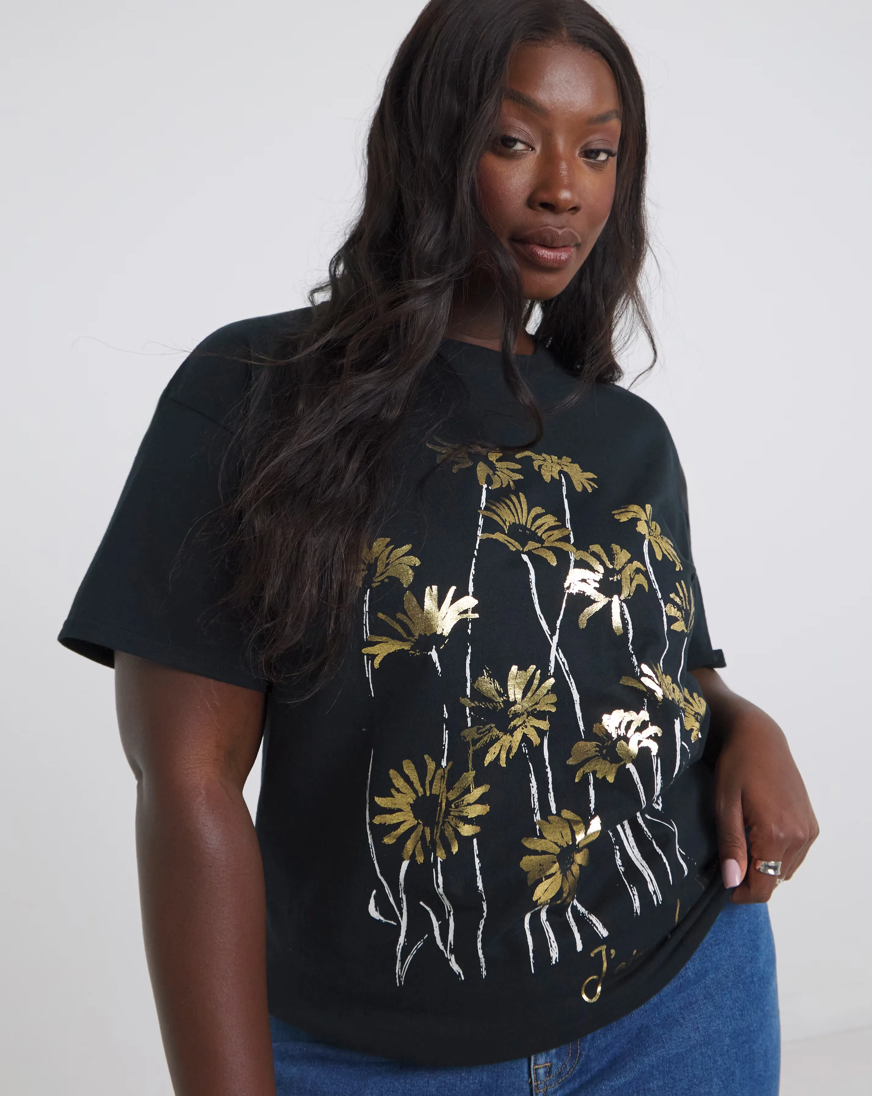 Black Floral Foil Print Graphic T-Shirt 1 43191-black-floral-foil-print-graphic-t-shirt-1.webp