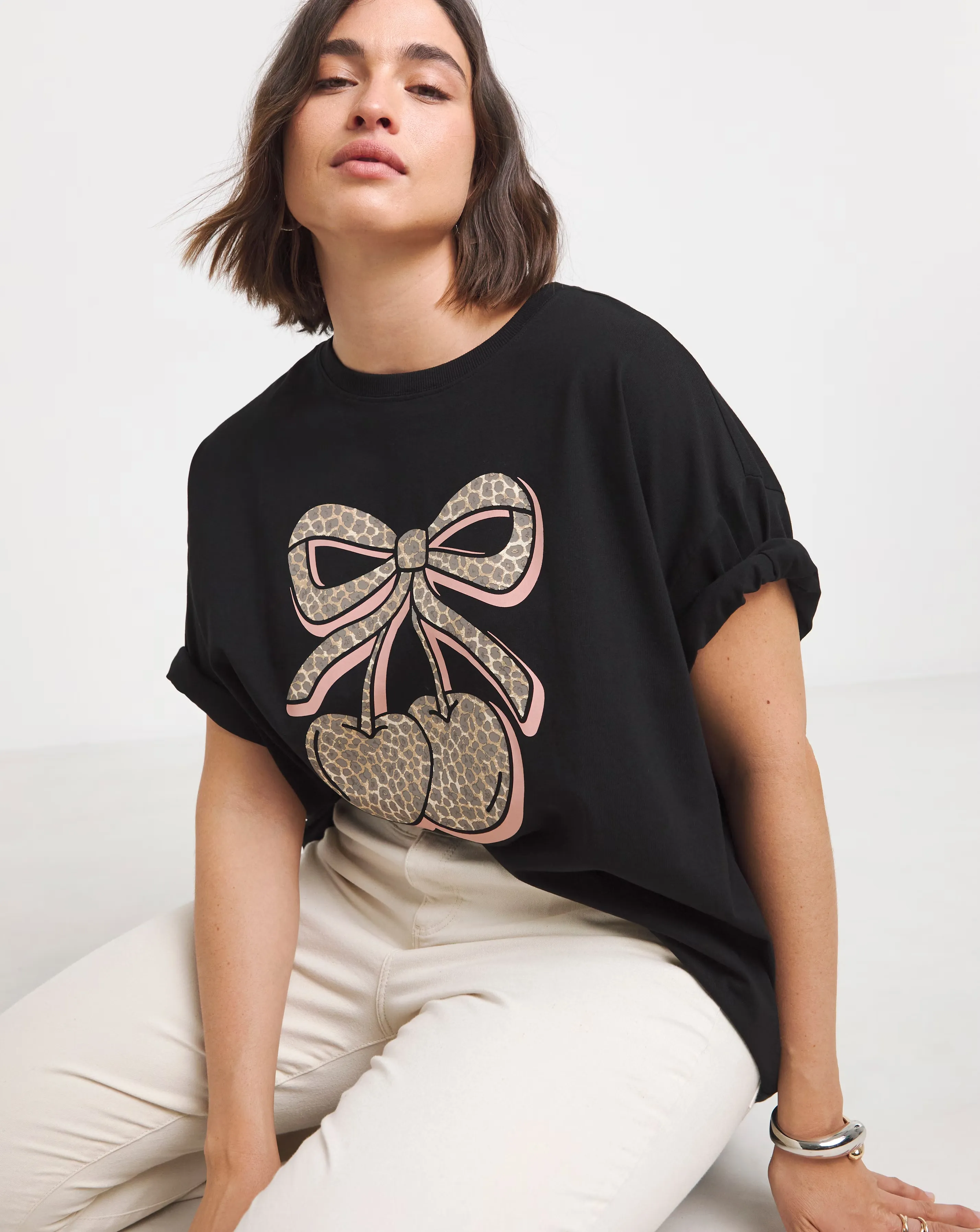 Simply Be Black Leopard Cherries T-Shirt