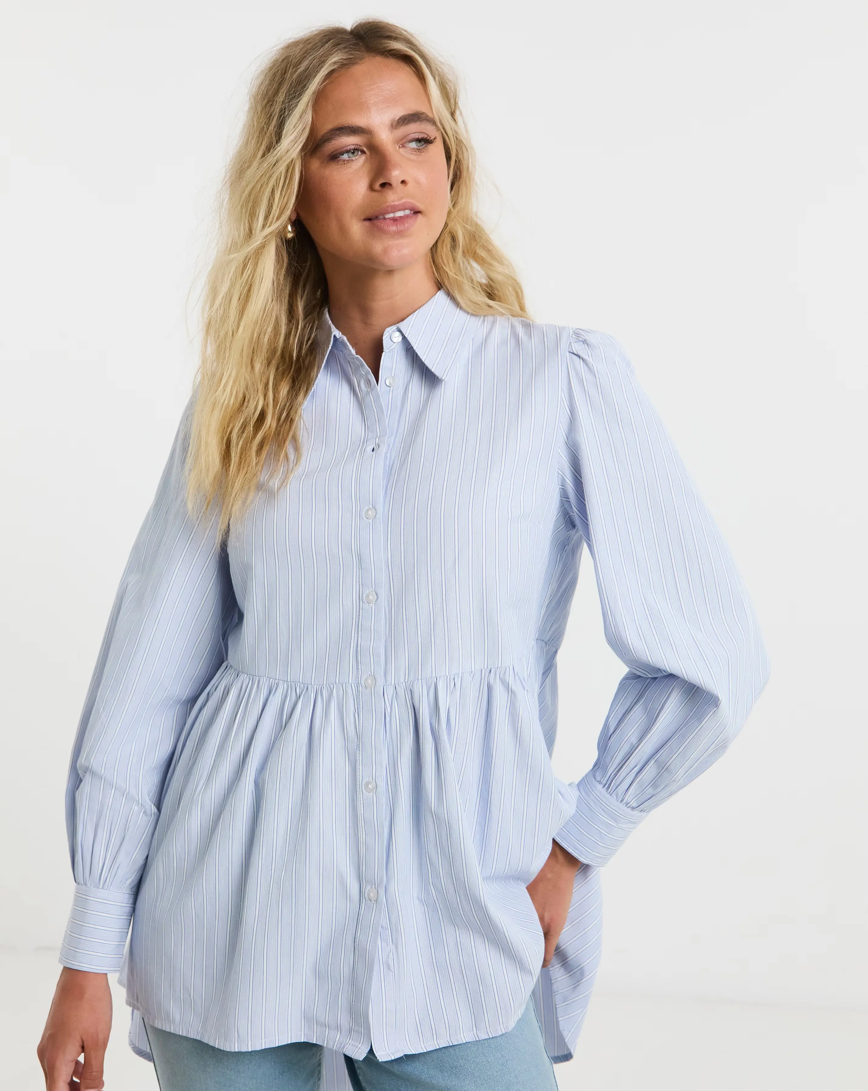 Blue Striped Dip Back Longline Peplum Shirt 1 43275-blue-striped-dip-back-longline-peplum-shirt-1.webp