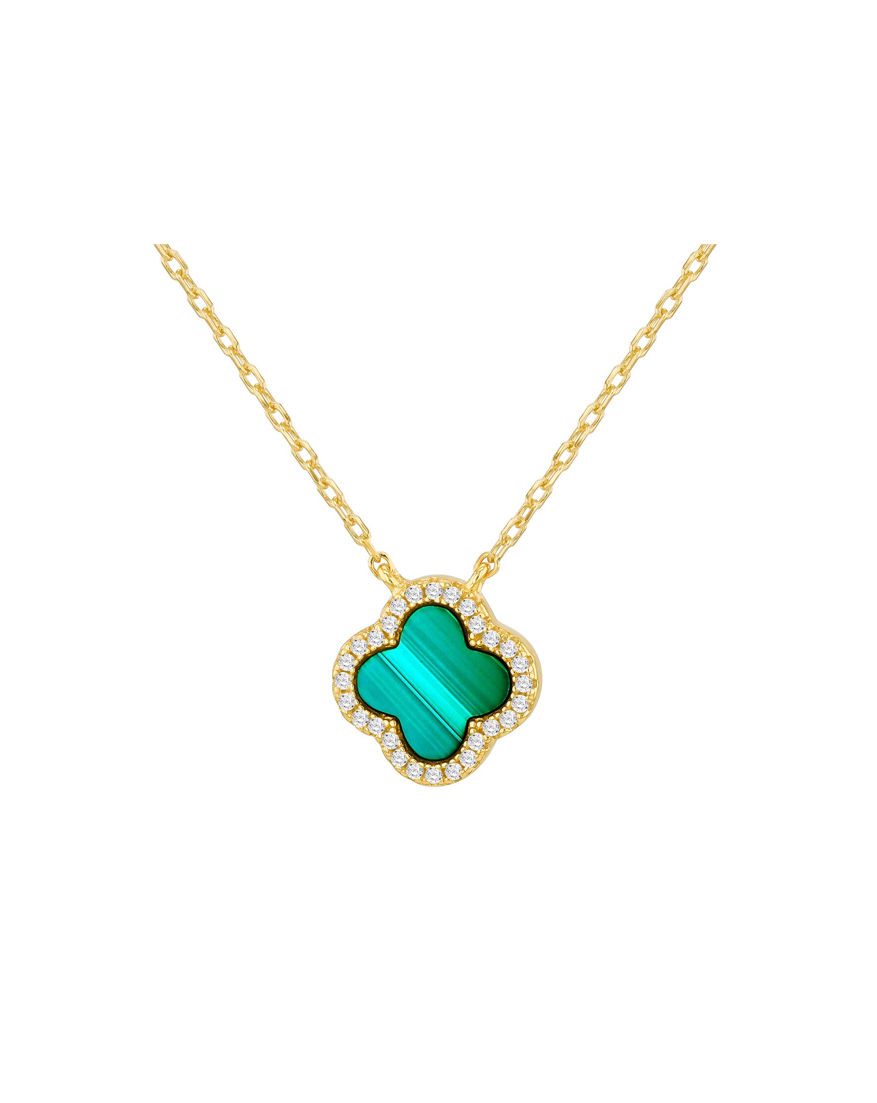 Sterling Silver Yellow Gold Plated Clover Malachite and CZ Necklace 1 43560-sterling-silver-yellow-gold-plated-clover-malachite-and-cz-necklace-1.jpg