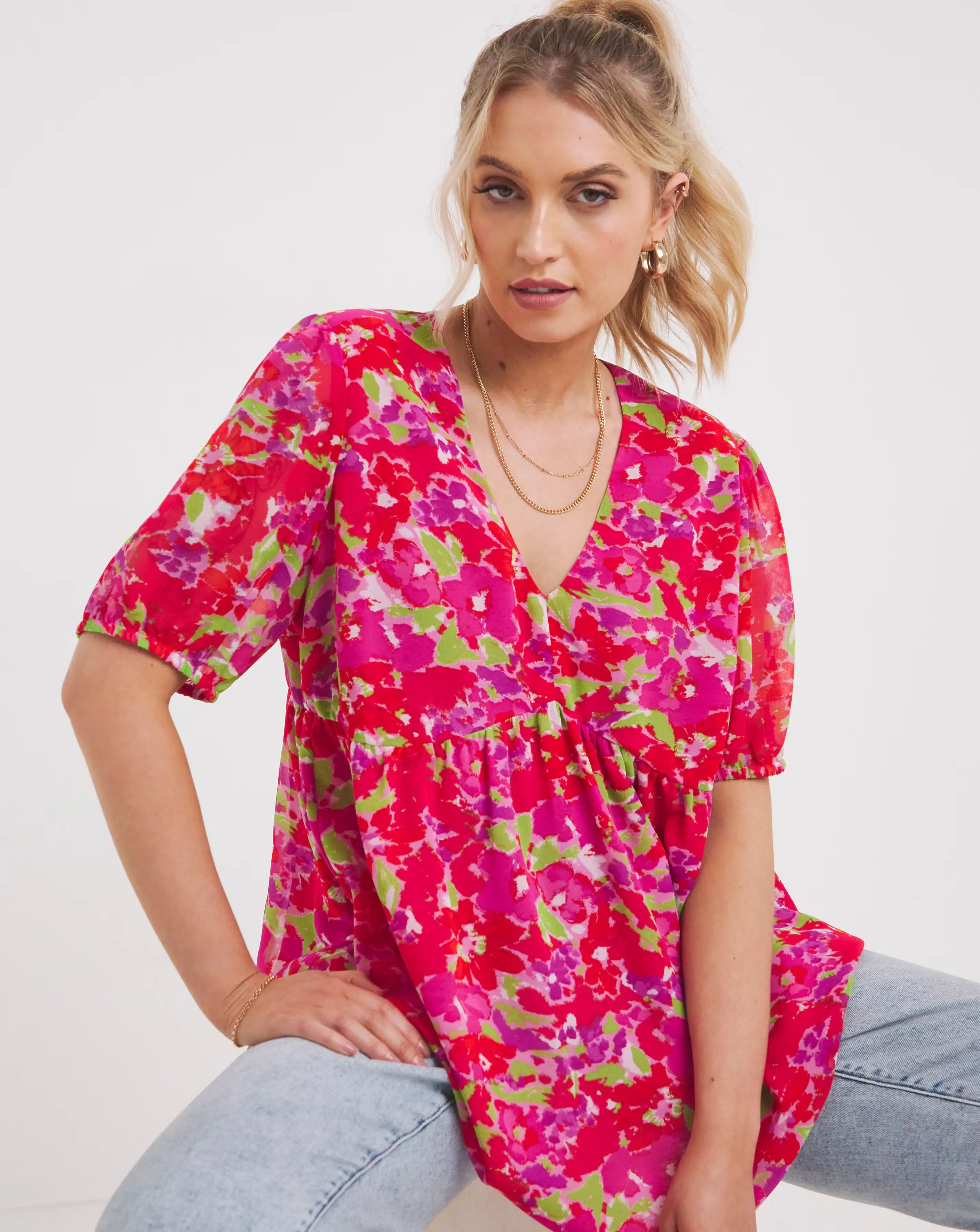 Georgette Pink Floral Print Peplum Blouse