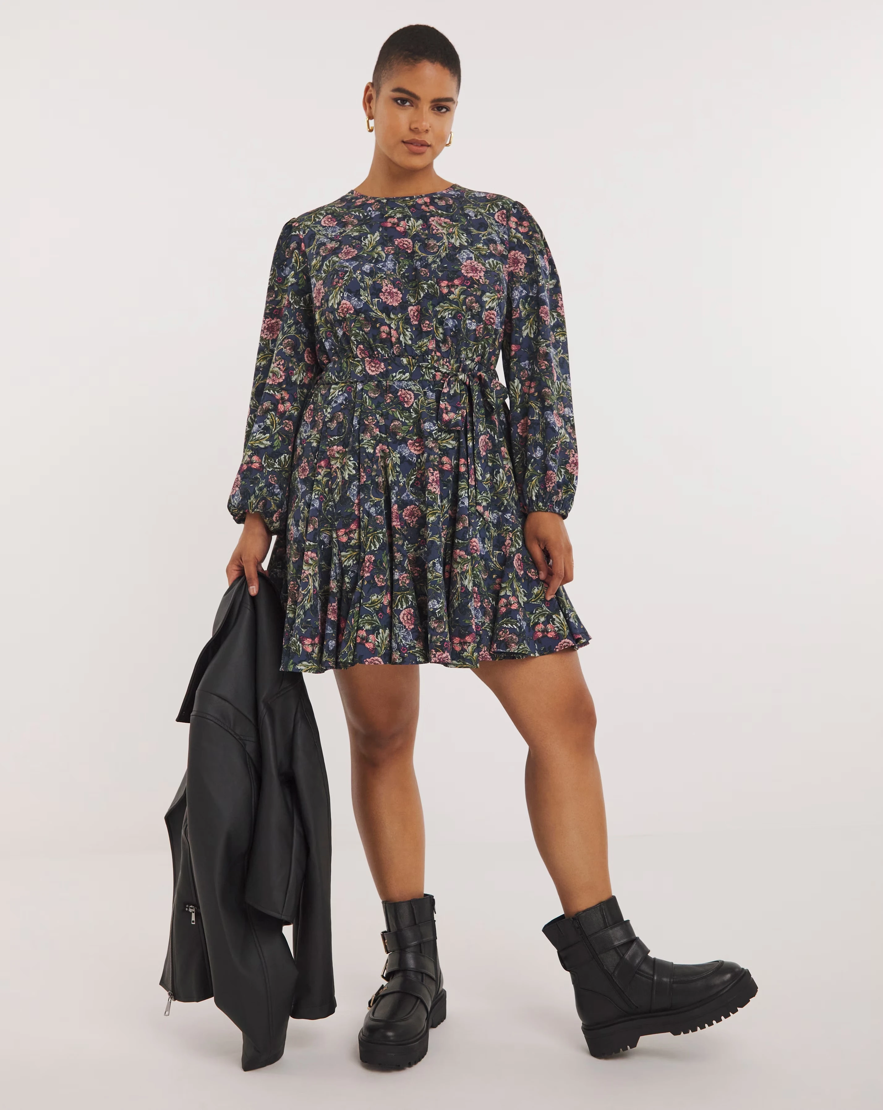 Blue Floral Printed Belted Skater Dress