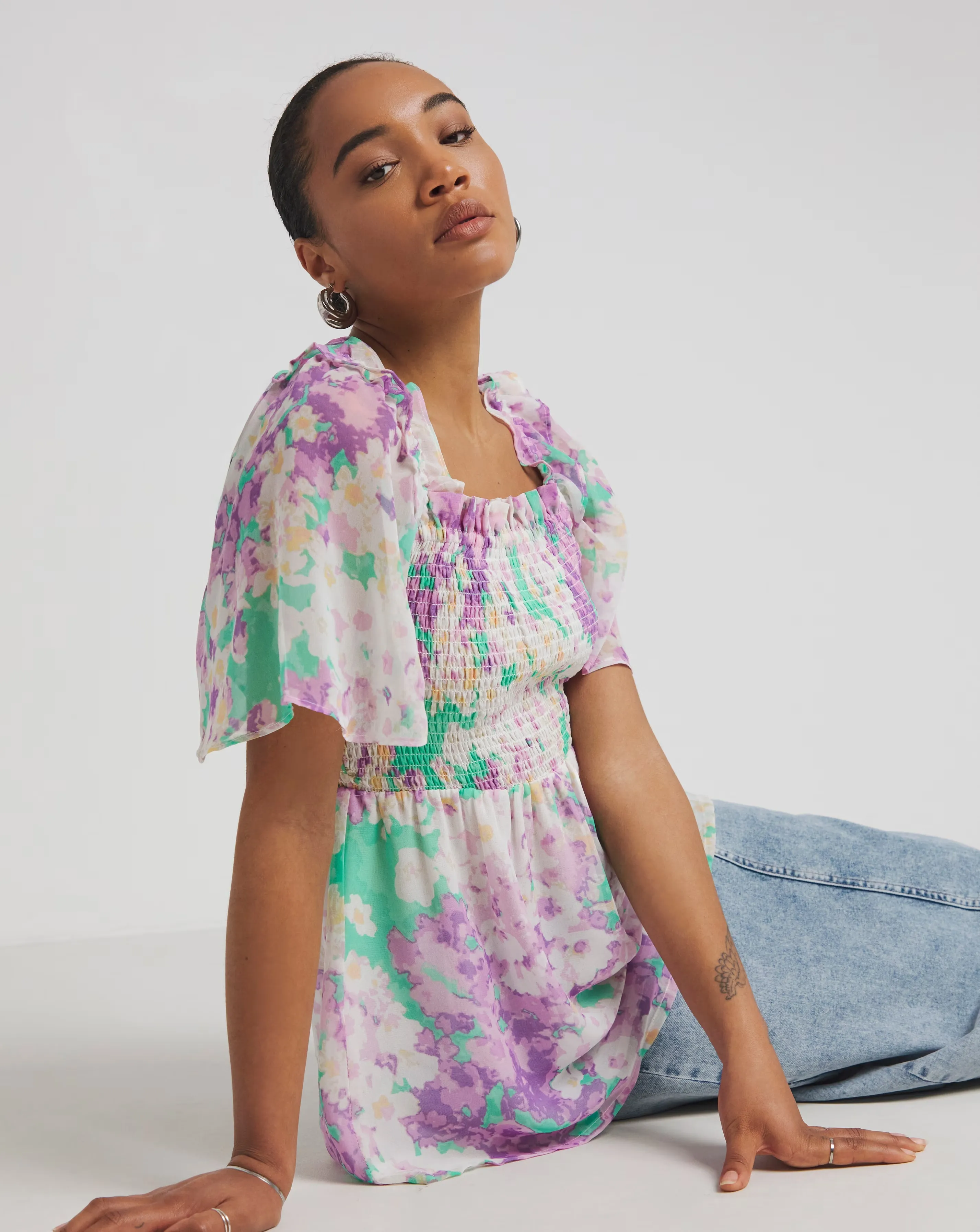 Floral Print Occasion Shirred Square Neck Blouse 1 45135-floral-print-occasion-shirred-square-neck-blouse-1.webp