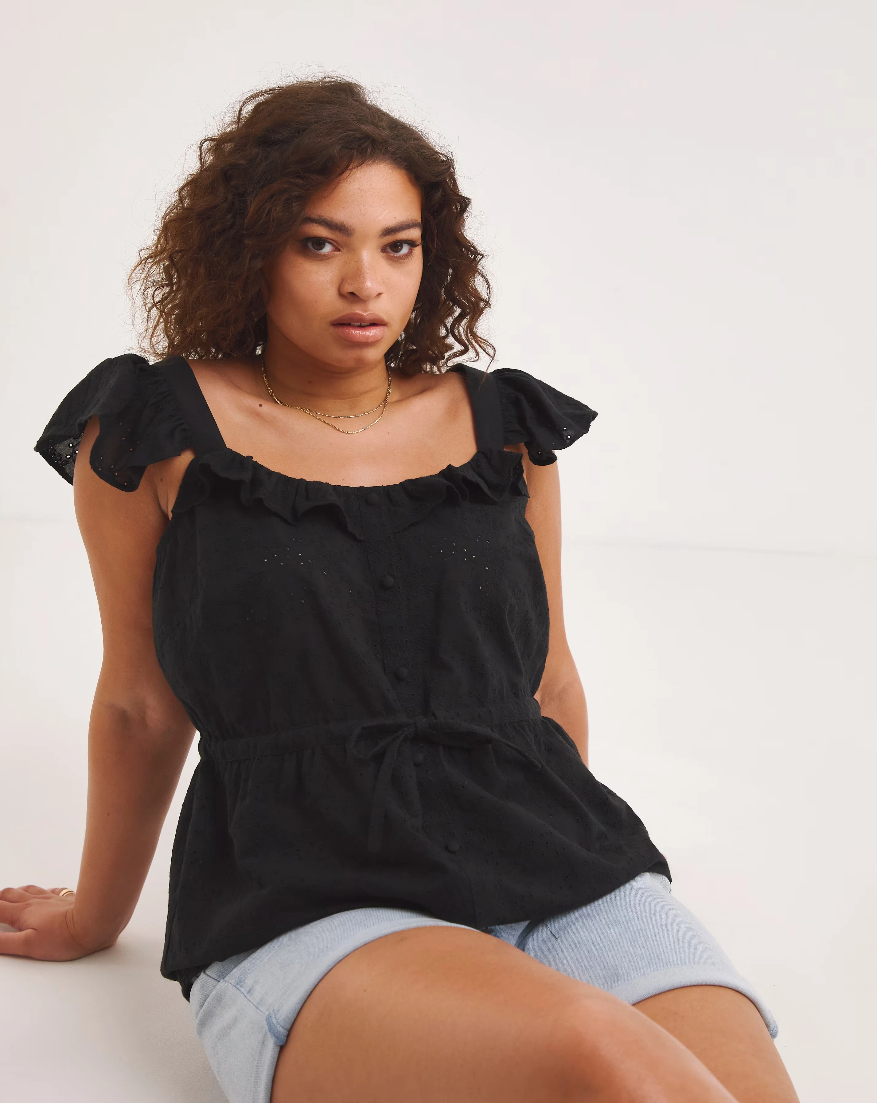 Simply Be Black Broderie Blouse With Frill Sleeve