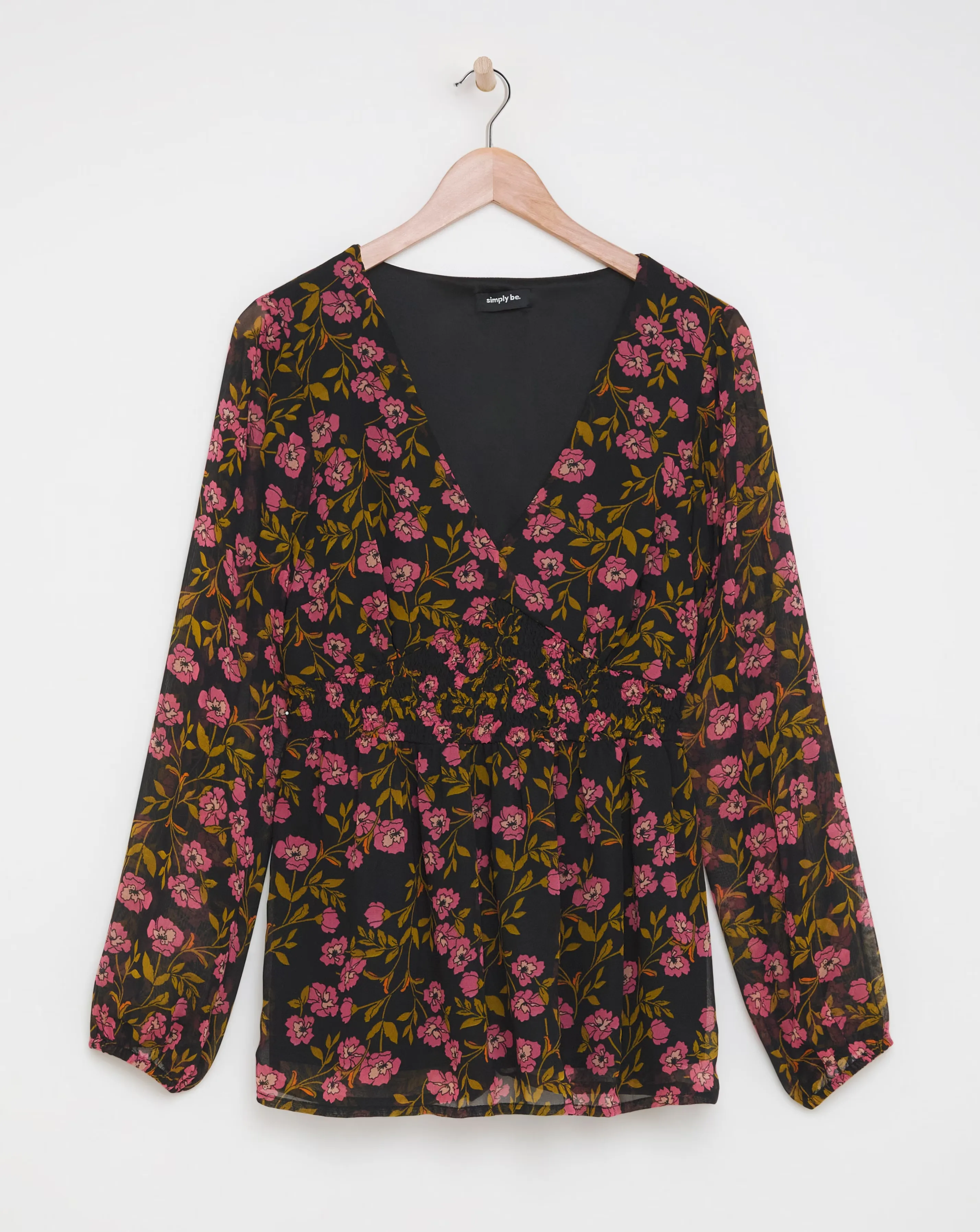 Black Floral Print V Neck Shirred Waist Long Sleeve Blouse 1 45325-black-floral-print-v-neck-shirred-waist-long-sleeve-blouse-1.webp