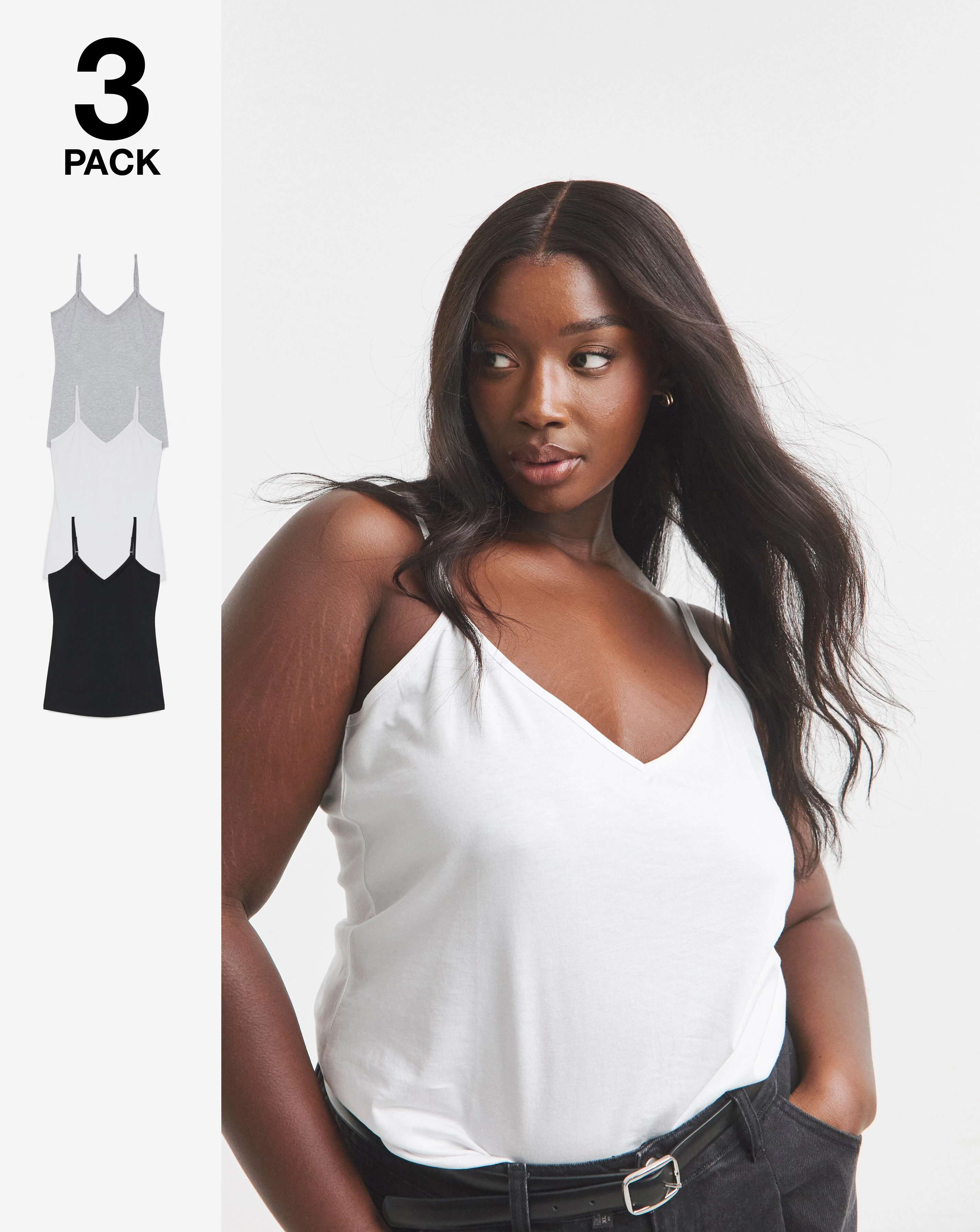 Black, White & Grey 3 Pack V Neck Pure Cotton Longline Camis