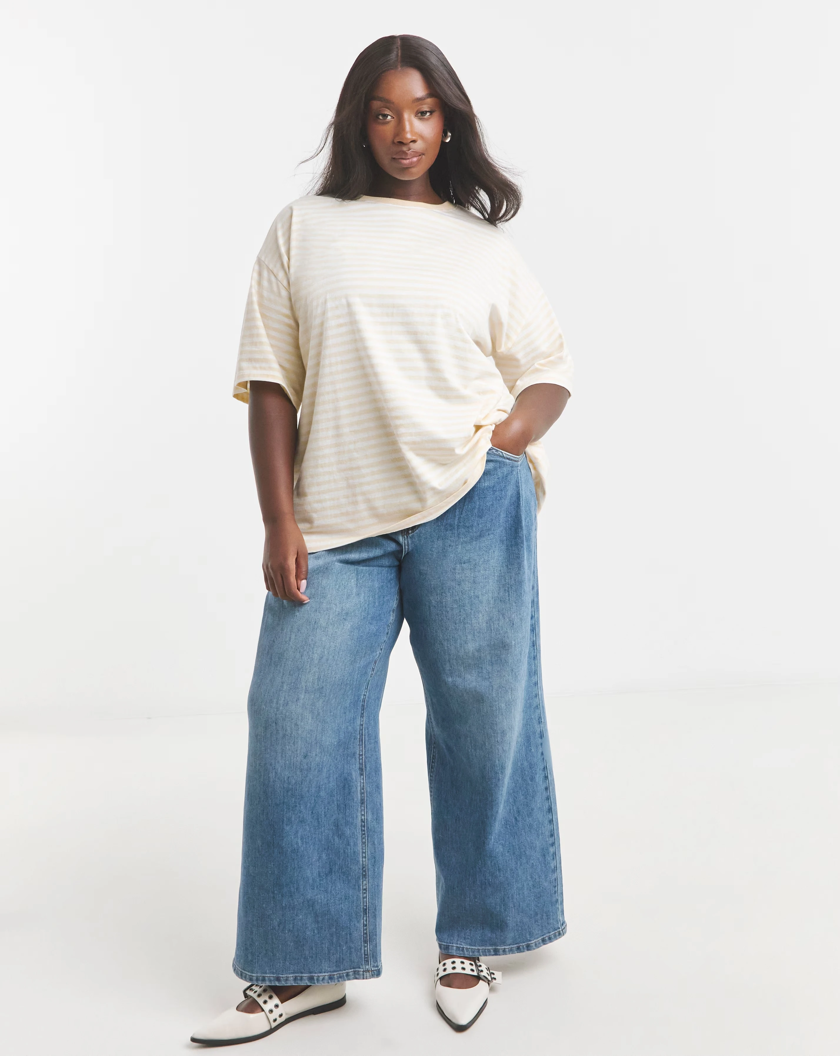 Simply Be Yellow & White Oversized Slouchy Crew Neck T-Shirt