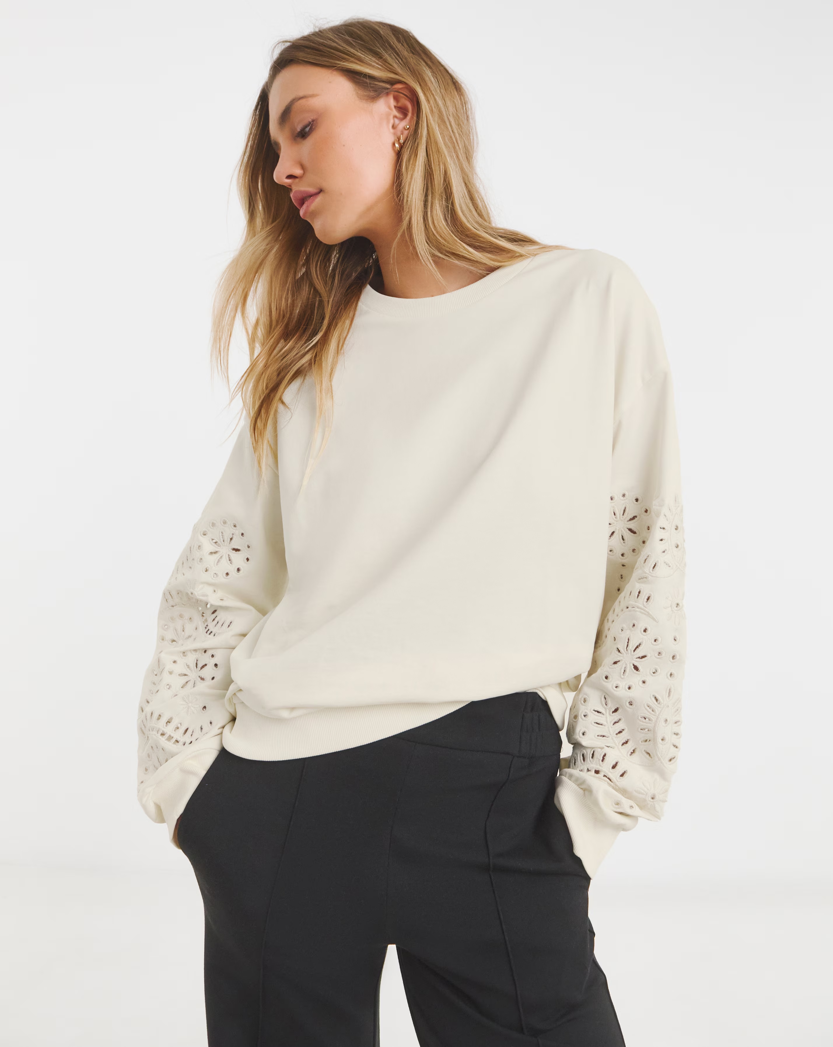 Ecru Cut Work Sleeve Sweatshirt