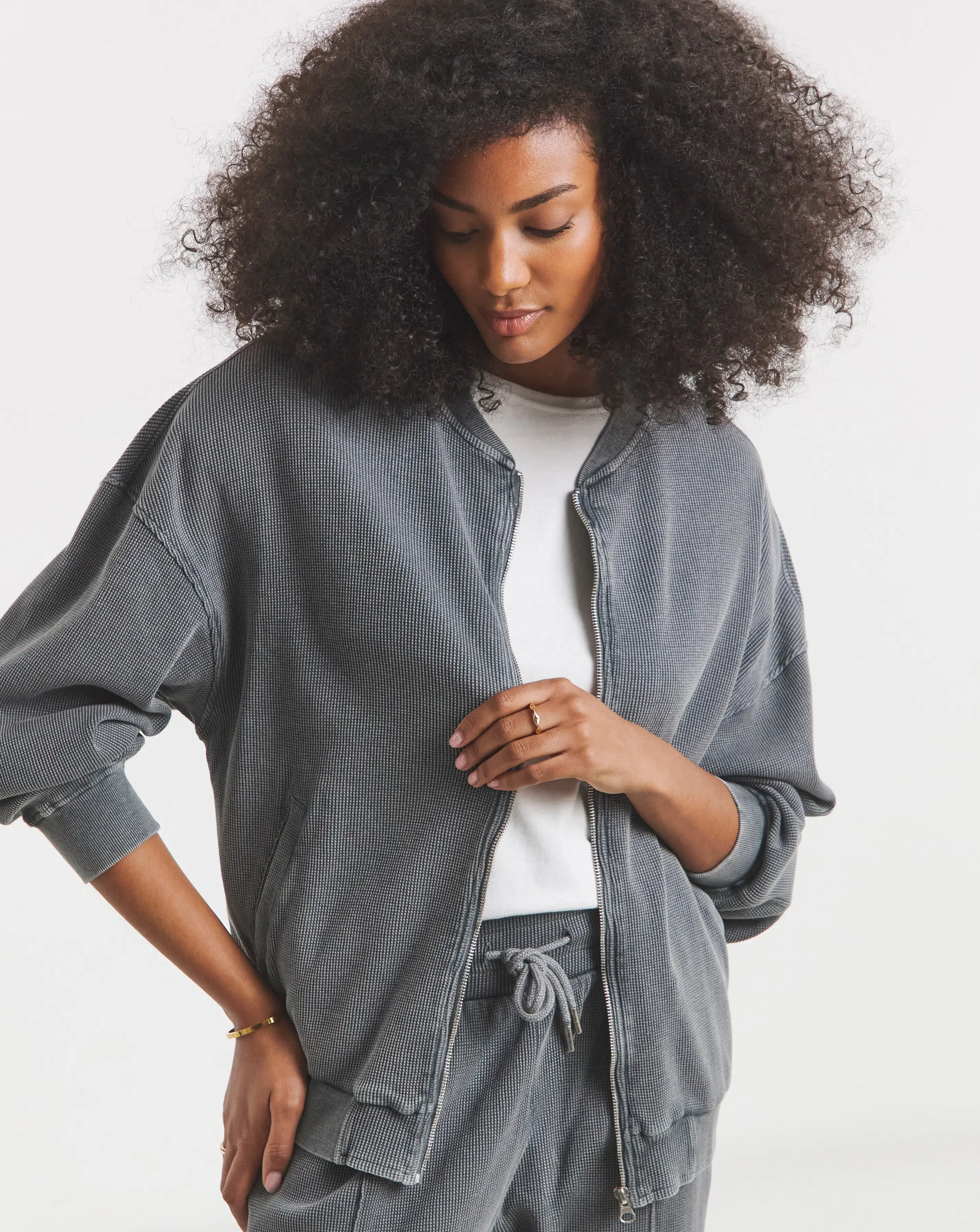 Simply Be Grey Acid Wash Waffle Bomber Jacket