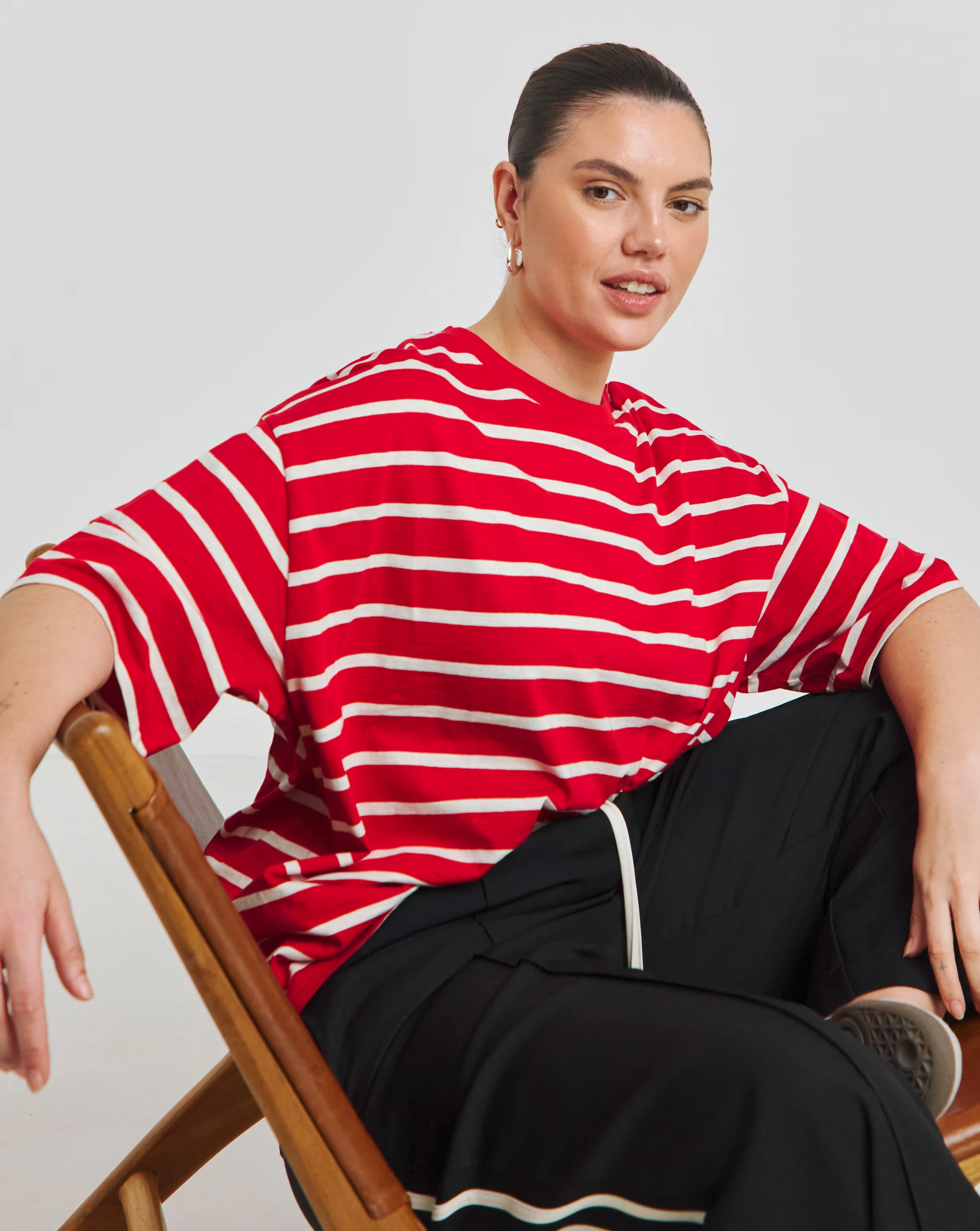 Simply Be Red & Ecru Stripe Pure Cotton Crew Neck T-Shirt