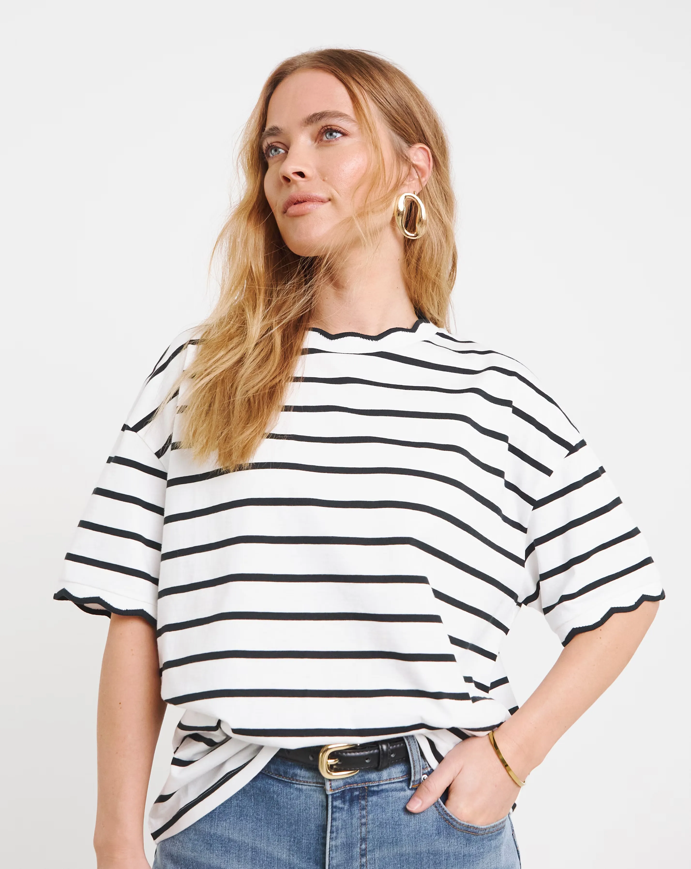 Black & White Stripe Scallop Edge T-Shirt